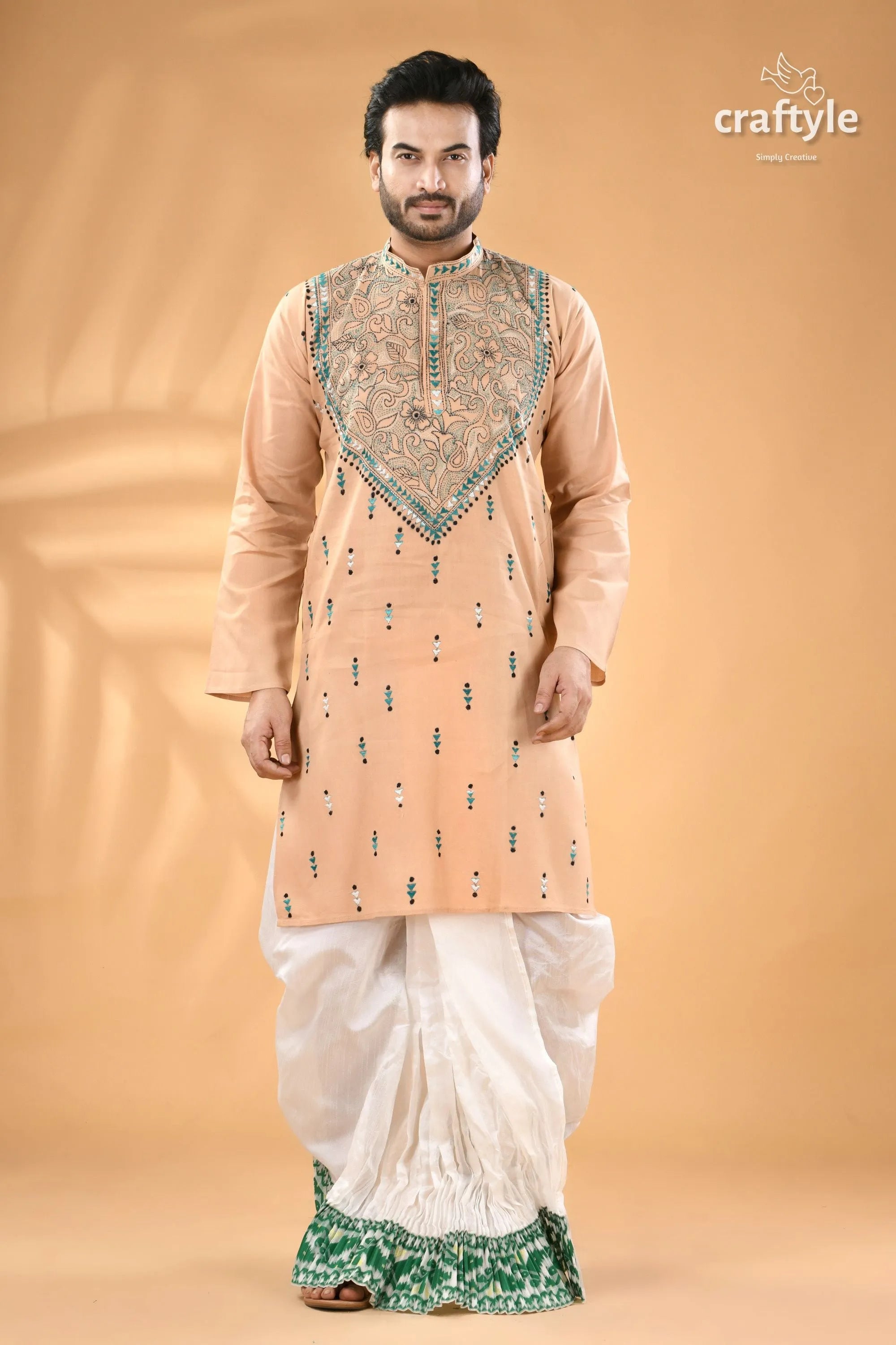 Almond white designer cotton panjabi for men - reverse kantha stitch men’s peach-colored embroidered kurta 1