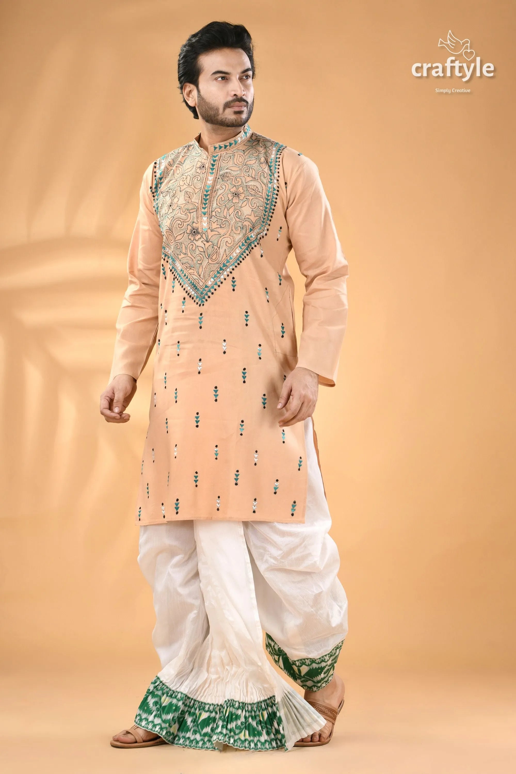 Almond white designer cotton panjabi for men - reverse kantha stitch men’s peach-colored long kurta intricate 4