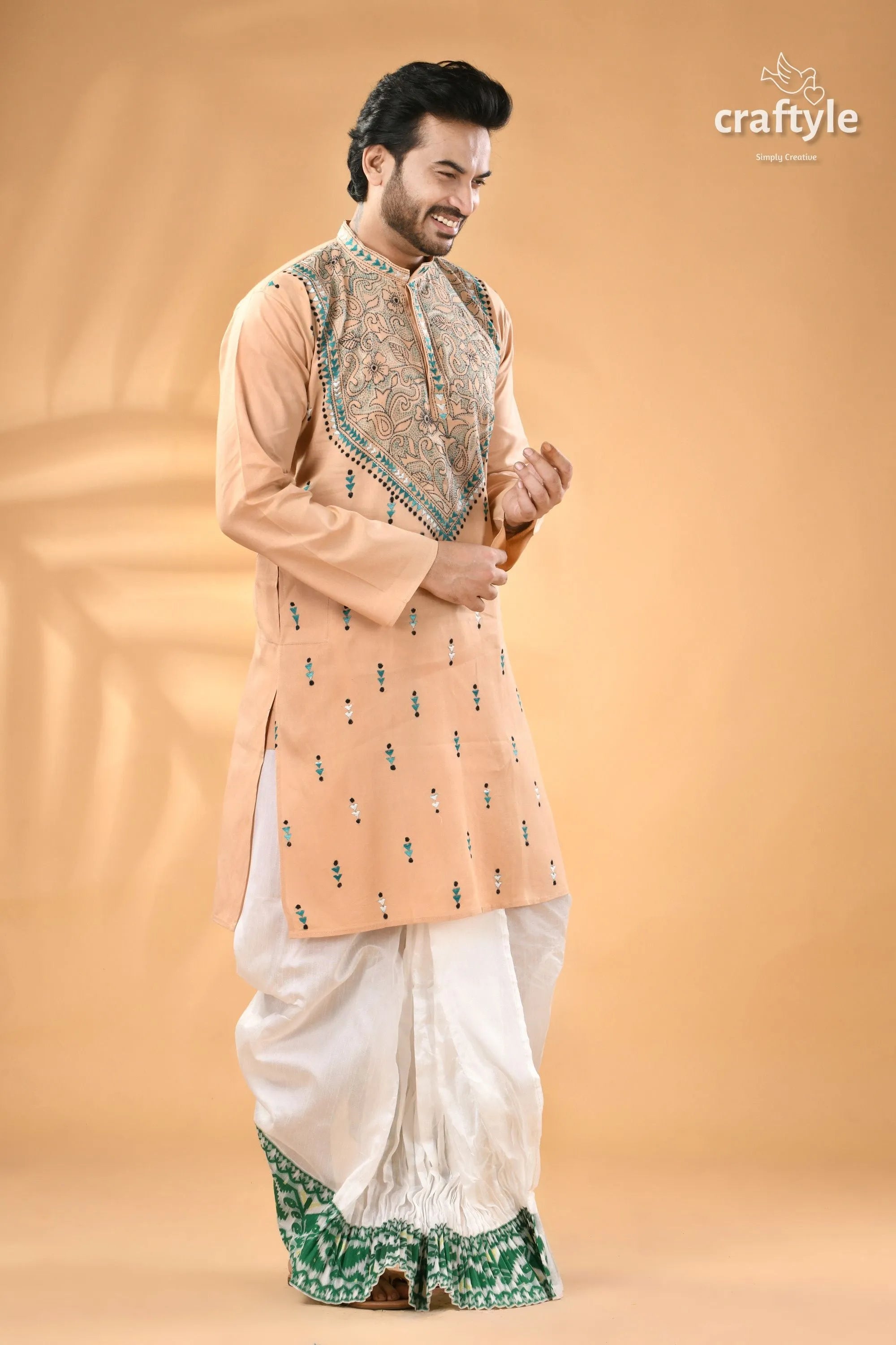 Almond white designer cotton panjabi for men - reverse kantha stitch men’s embroidered peach kurta 3