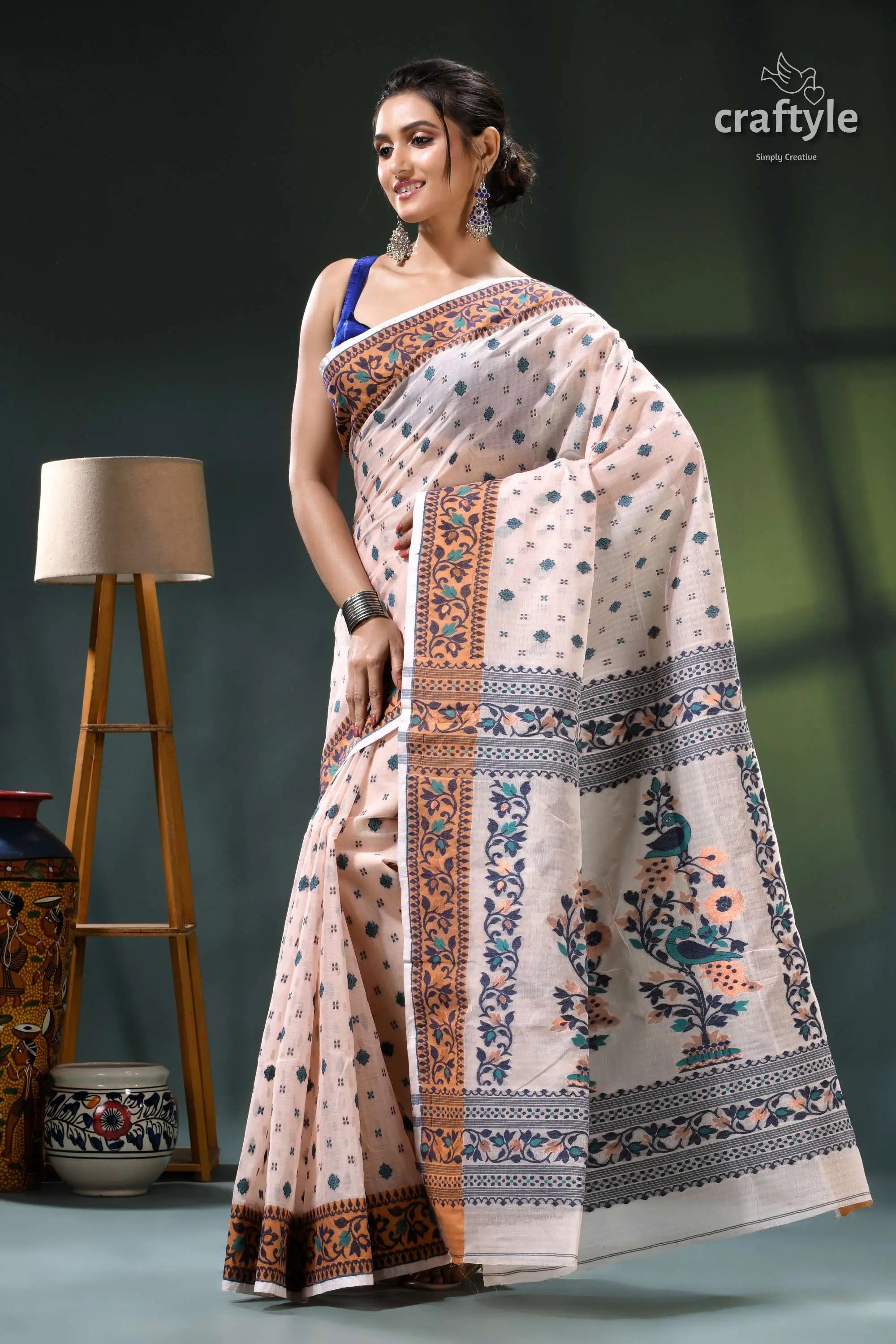 Almond white floral design graceful cotton jamdani saree cream brown floral saree blue 3