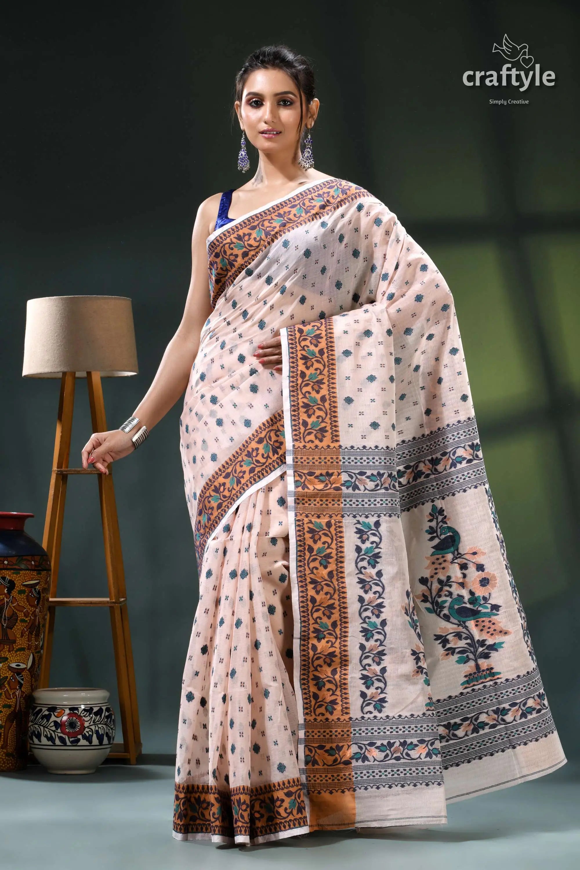 Almond white floral design graceful cotton jamdani saree cream brown floral saree blue 6