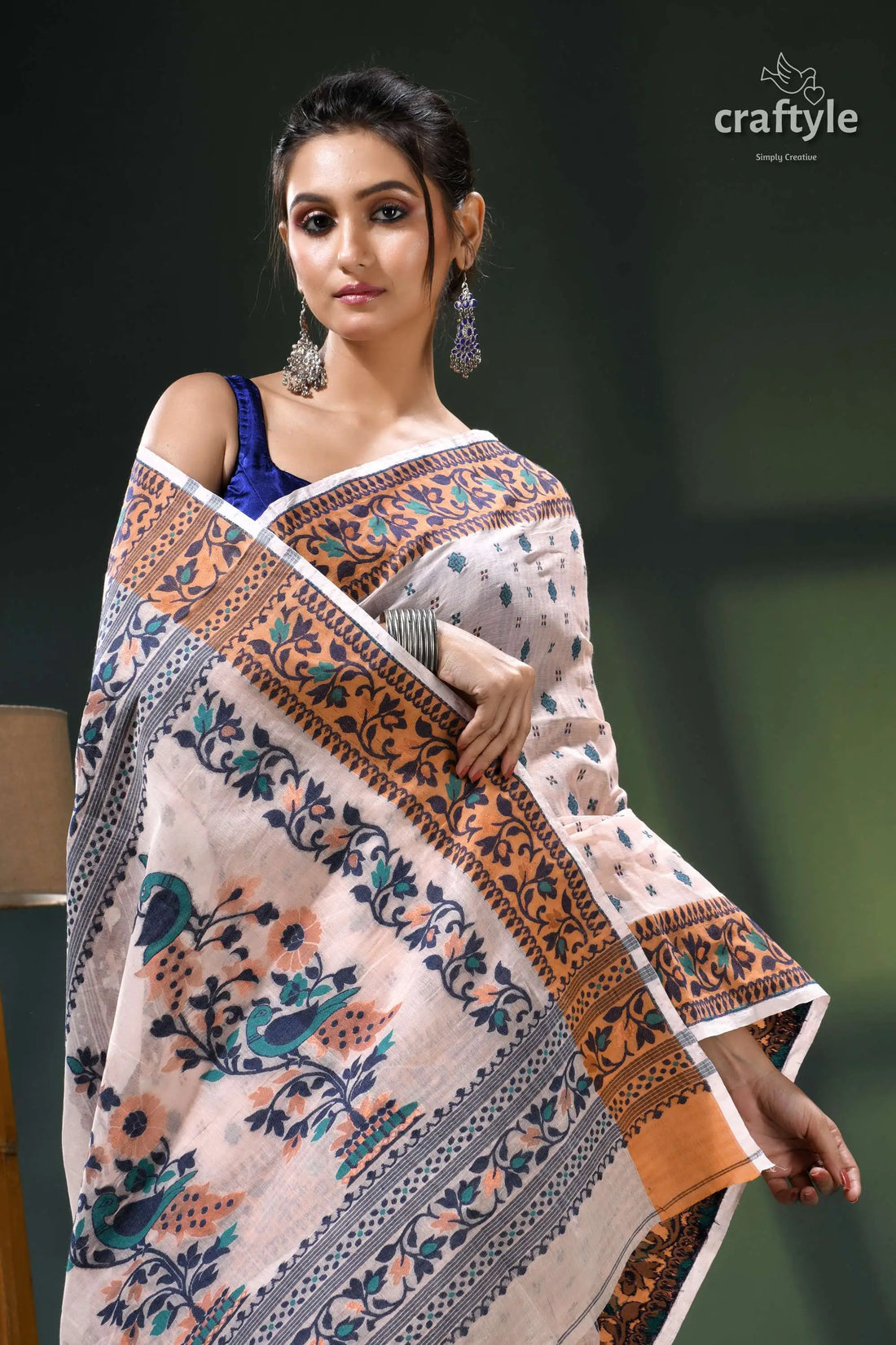 Almond white floral design graceful cotton jamdani saree cream brown floral saree blue 2