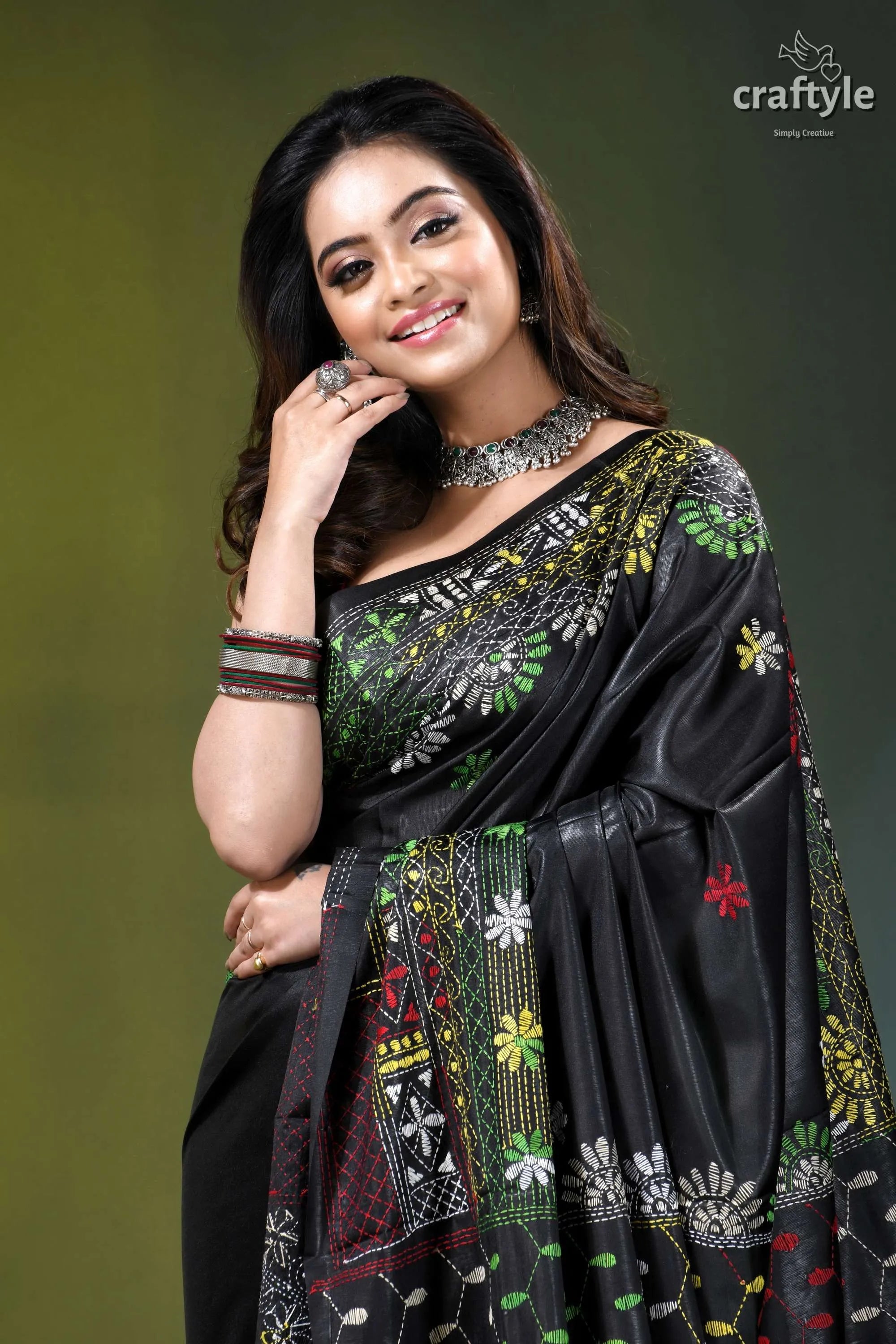 Almost black silk saree with handcrafted lambani embroidery black silk saree intricate floral 2