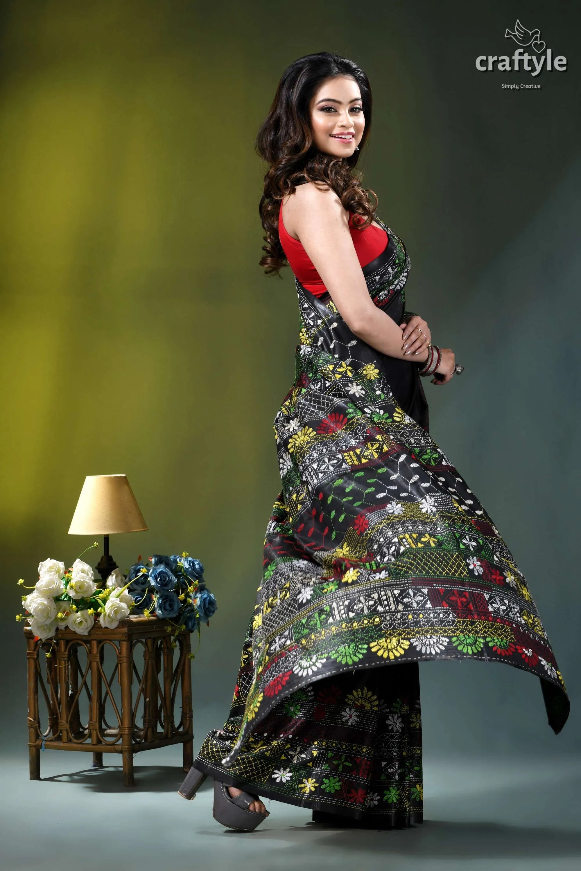 Almost black silk saree with handcrafted lambani embroidery woman wears black saree vibrant 4