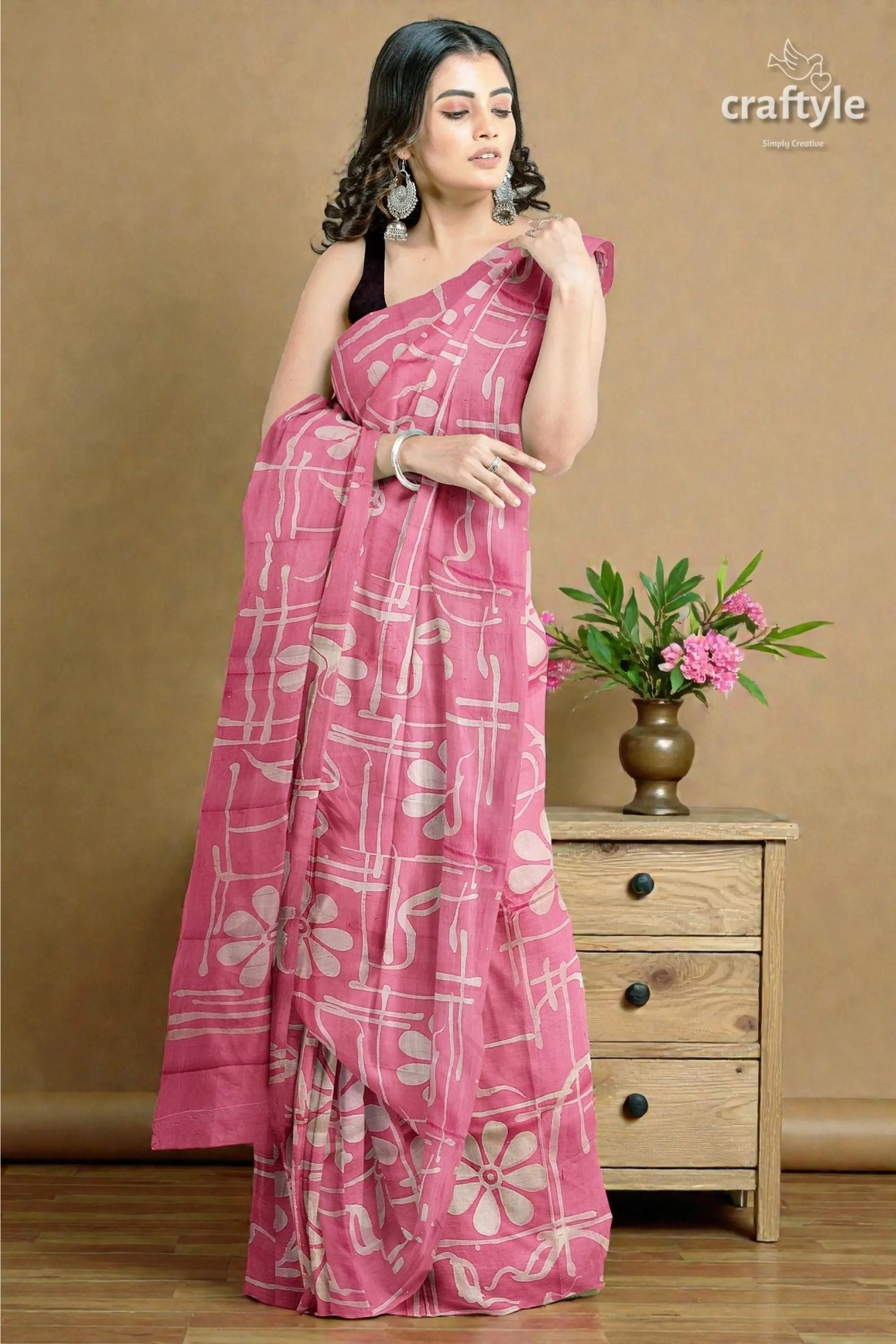 Amaranth pink floral motif hand batik mulberry pure silk saree - 4