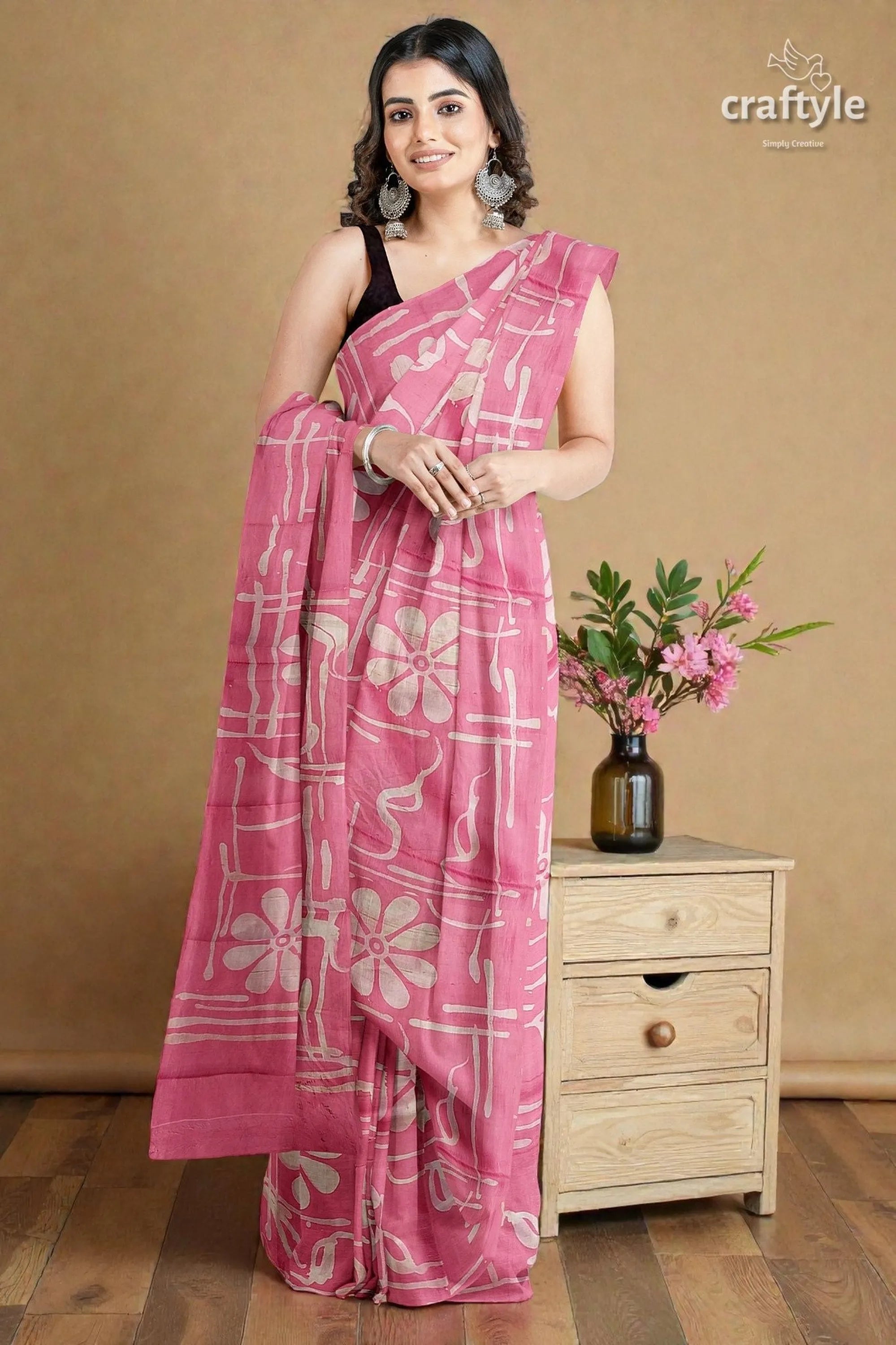 Amaranth pink floral motif hand batik mulberry pure silk saree - woman wears vibrant pink saree 2