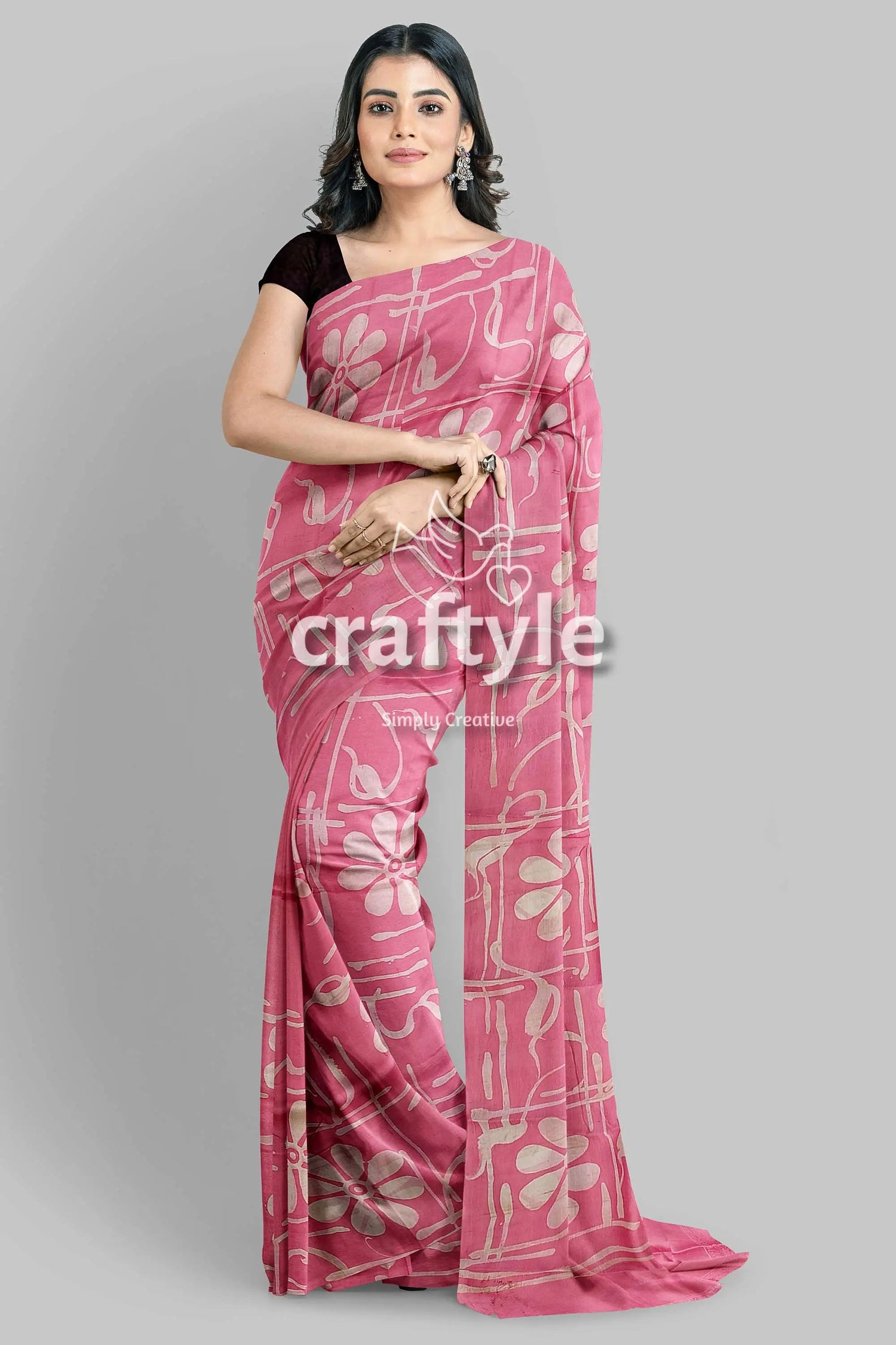 Amaranth pink floral motif hand batik mulberry pure silk saree - pink floral-patterned saree 6