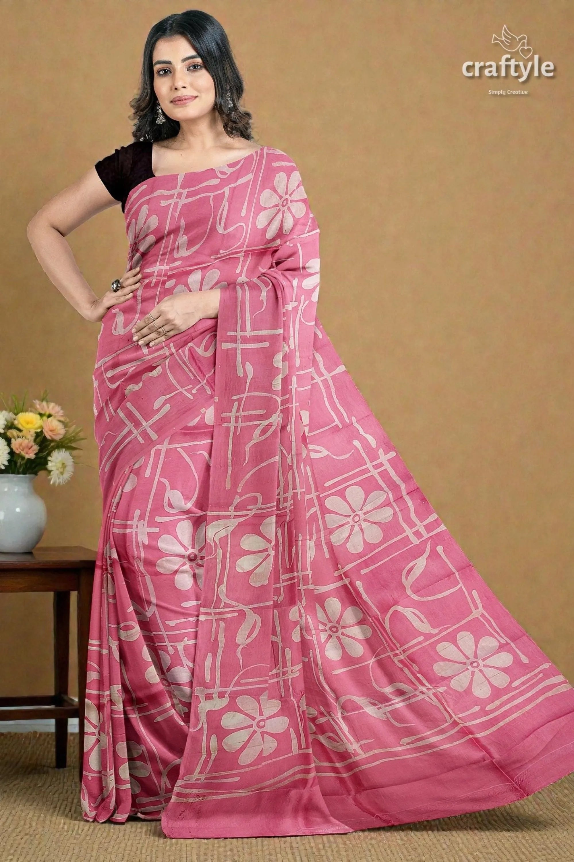 Amaranth pink floral motif hand batik mulberry pure silk saree - pink saree white floral geometric 6