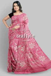 Amaranth pink floral motif hand batik mulberry pure silk saree - pink floral patterned saree 5