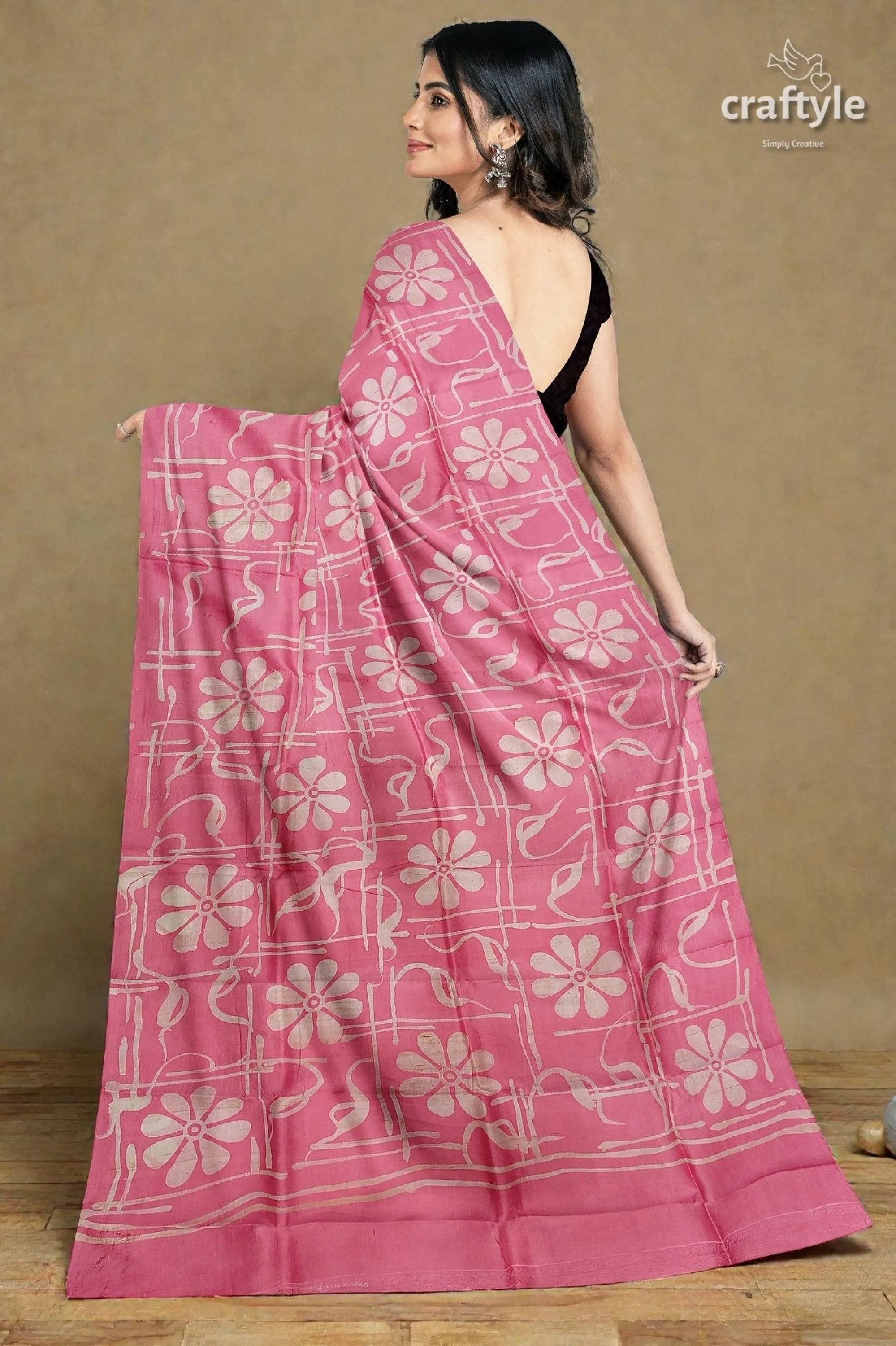 Amaranth pink floral motif hand batik mulberry pure silk saree - pink floral saree white blossoms 5