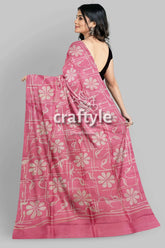 Amaranth pink floral motif hand batik mulberry pure silk saree - pink floral-patterned saree 7
