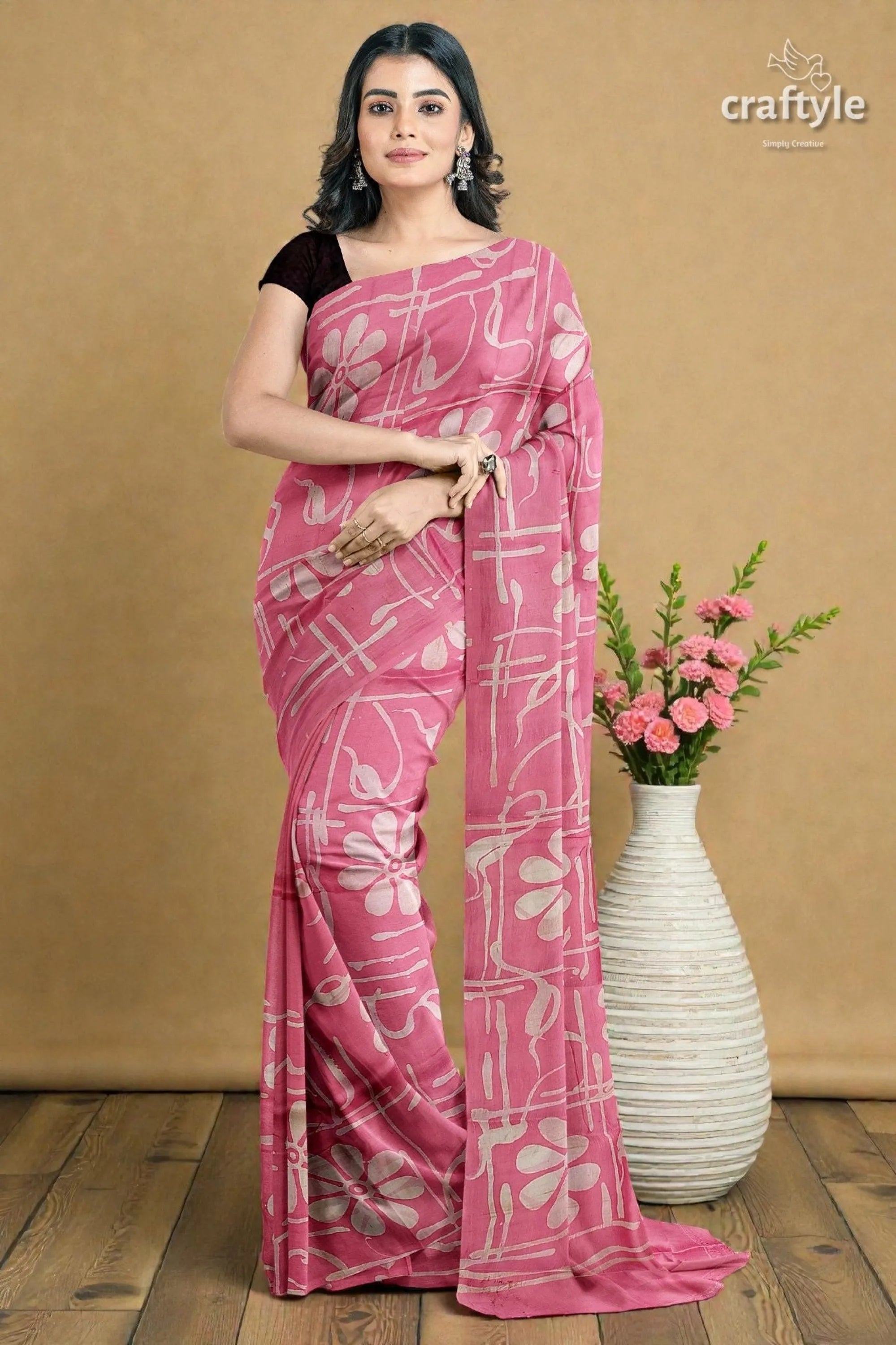 Amaranth pink floral motif hand batik mulberry pure silk saree - woman wears vibrant pink saree 7
