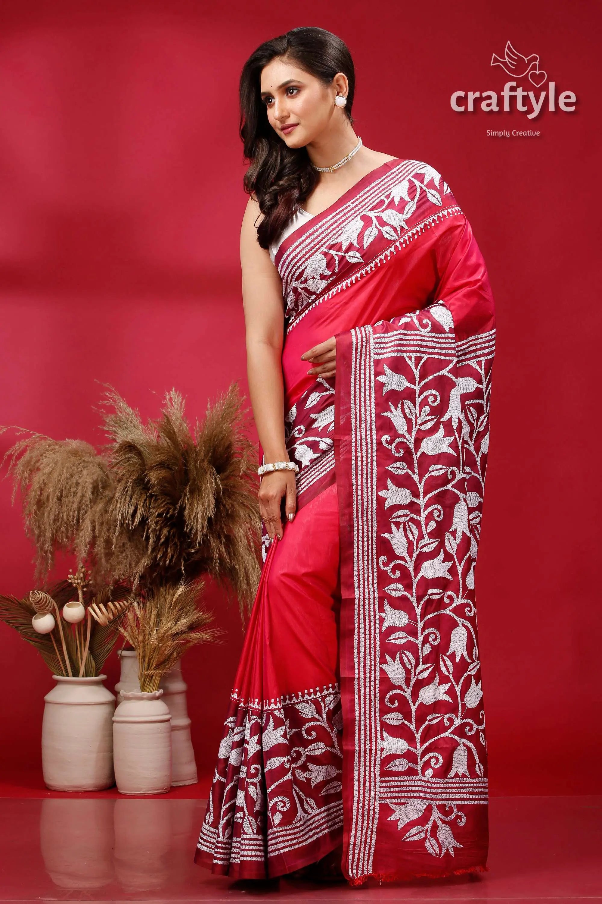 Amaranth purple and red dyed silk kantha saree red white floral saree 3