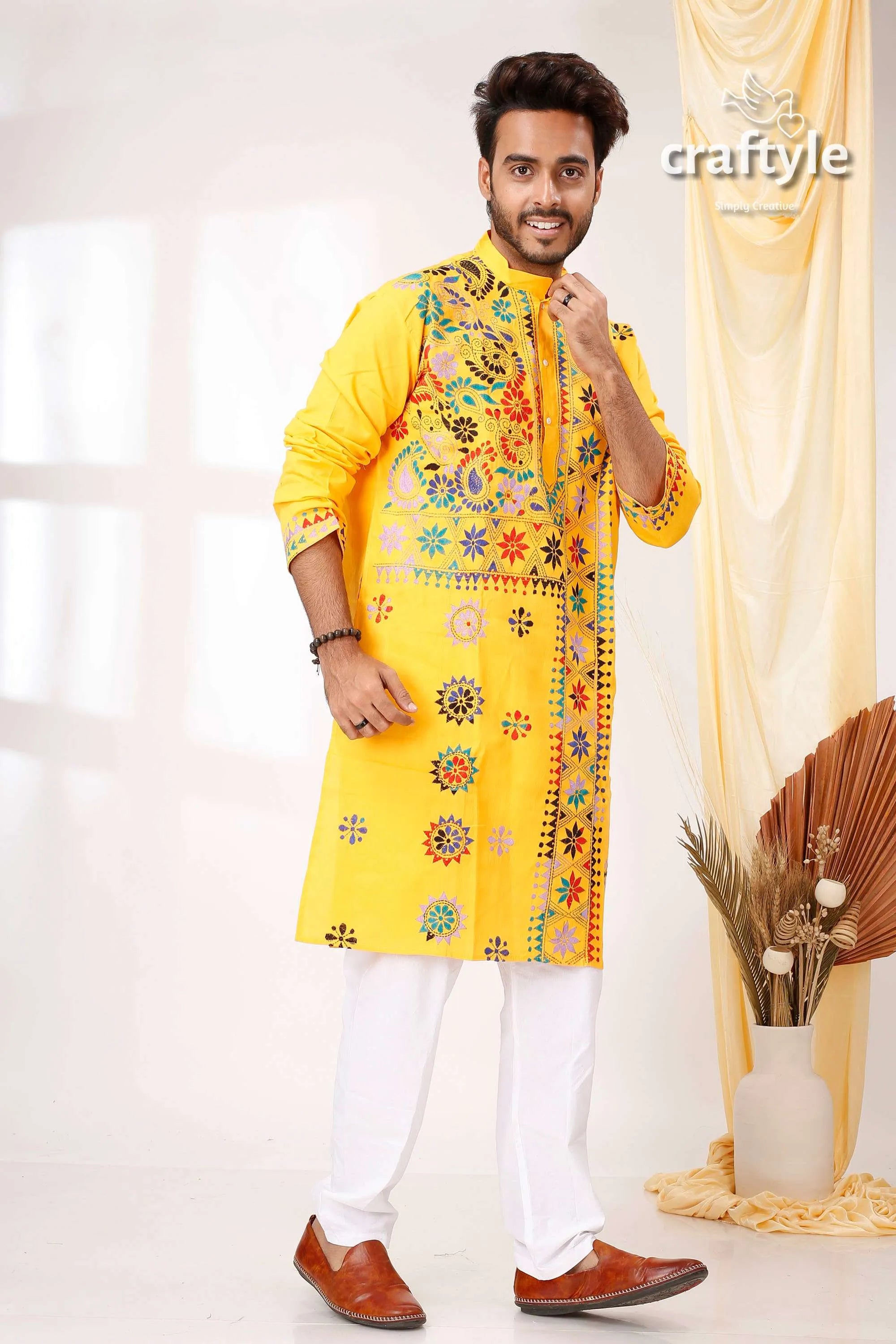 Amber yellow multithread kantha hand embroidered gents kurta vibrant colorful 3