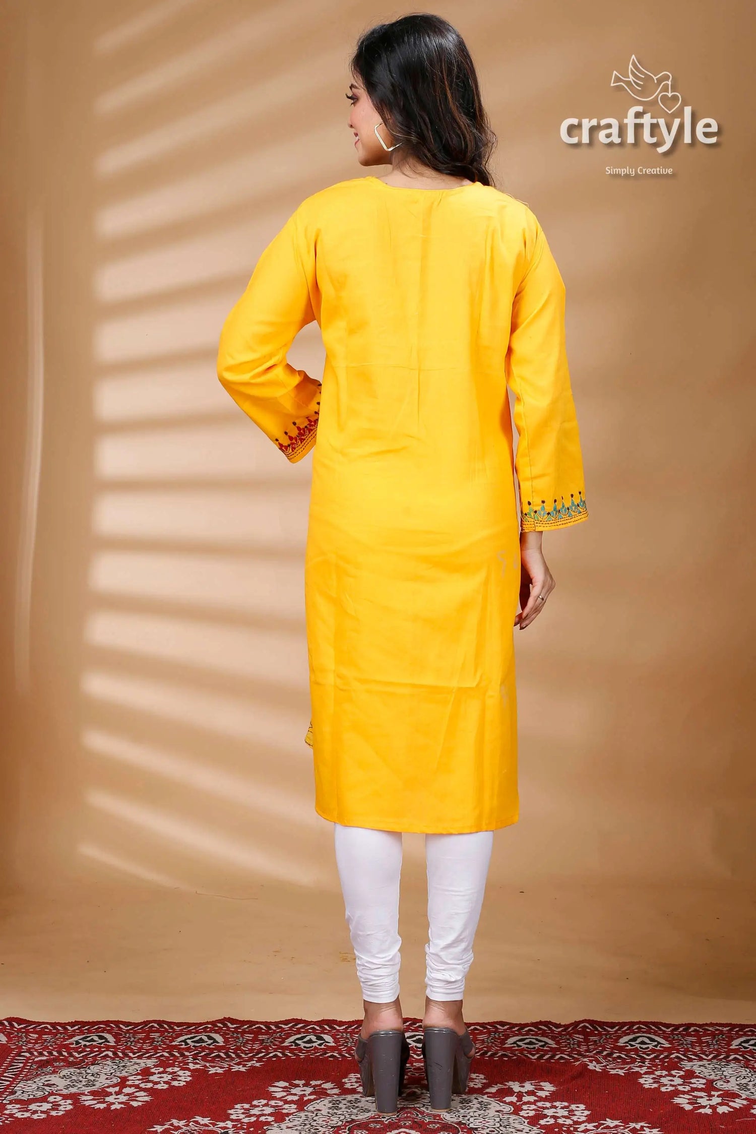 Amber yellow reverse kantha work cotton kurti woman yellow kurta white leggings 5