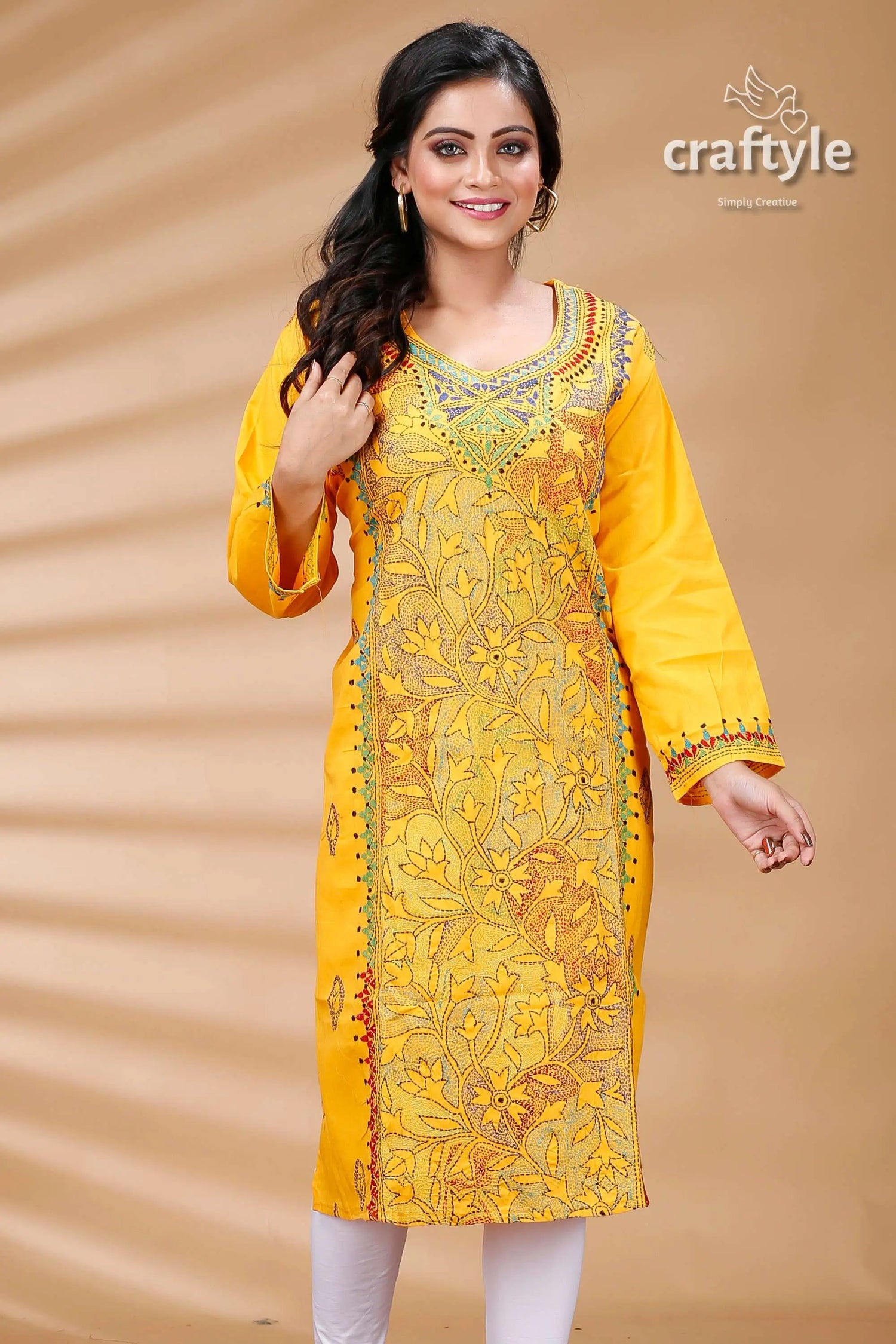 Amber yellow reverse kantha work cotton kurti yellow embroidered kurta 2