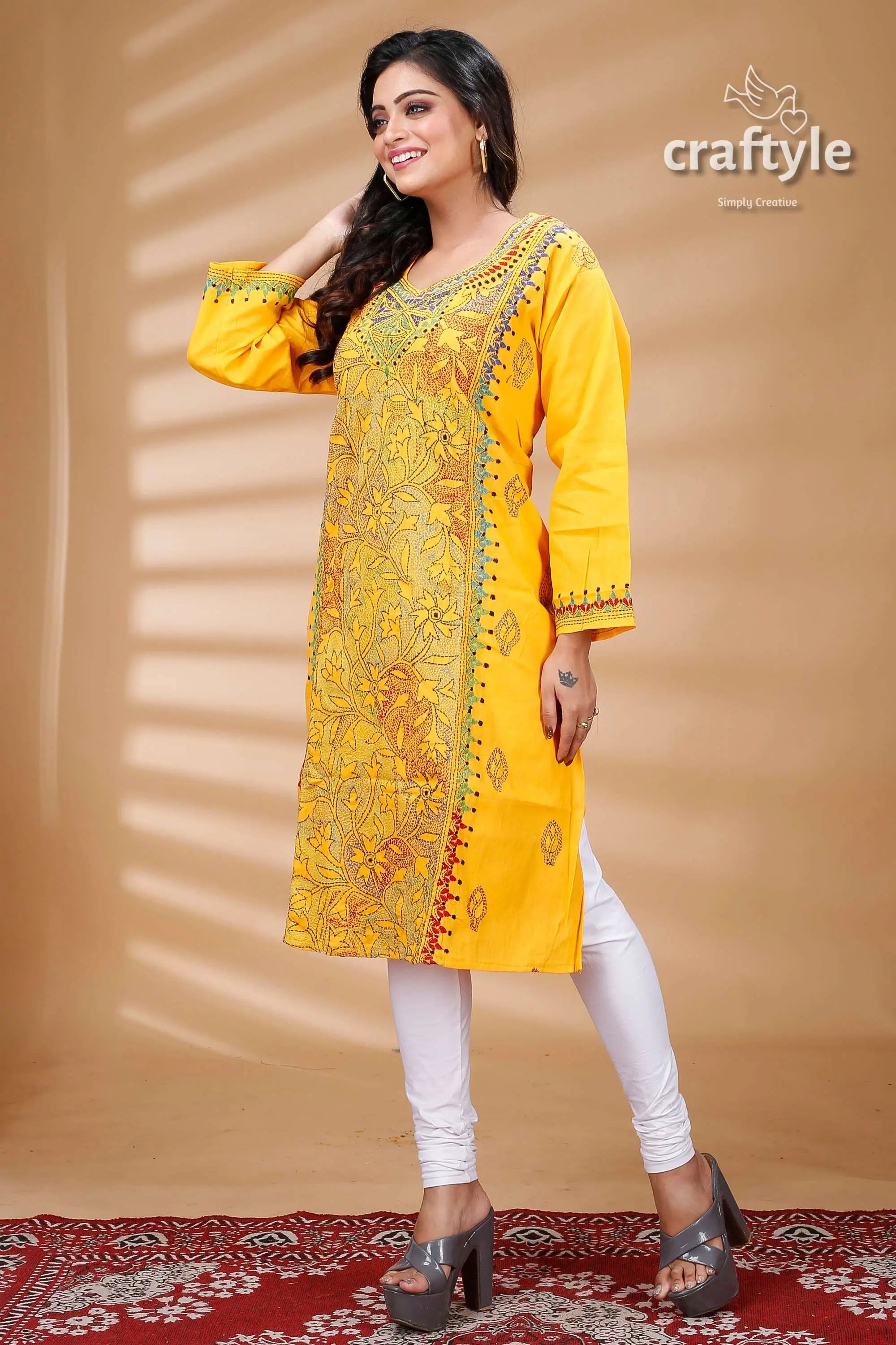 Amber yellow reverse kantha work cotton kurti yellow embroidered tunic white leggings 4