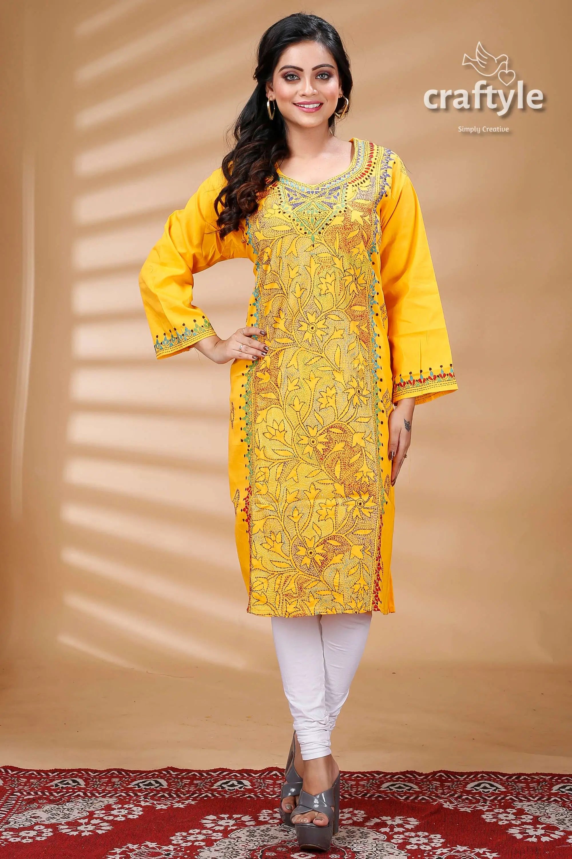 Amber yellow reverse kantha work cotton kurti yellow embroidered tunic white leggings 1