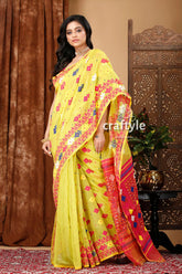 Android green and magenta elegant jamdani saree yellow cotton saree colorful embroidery 4
