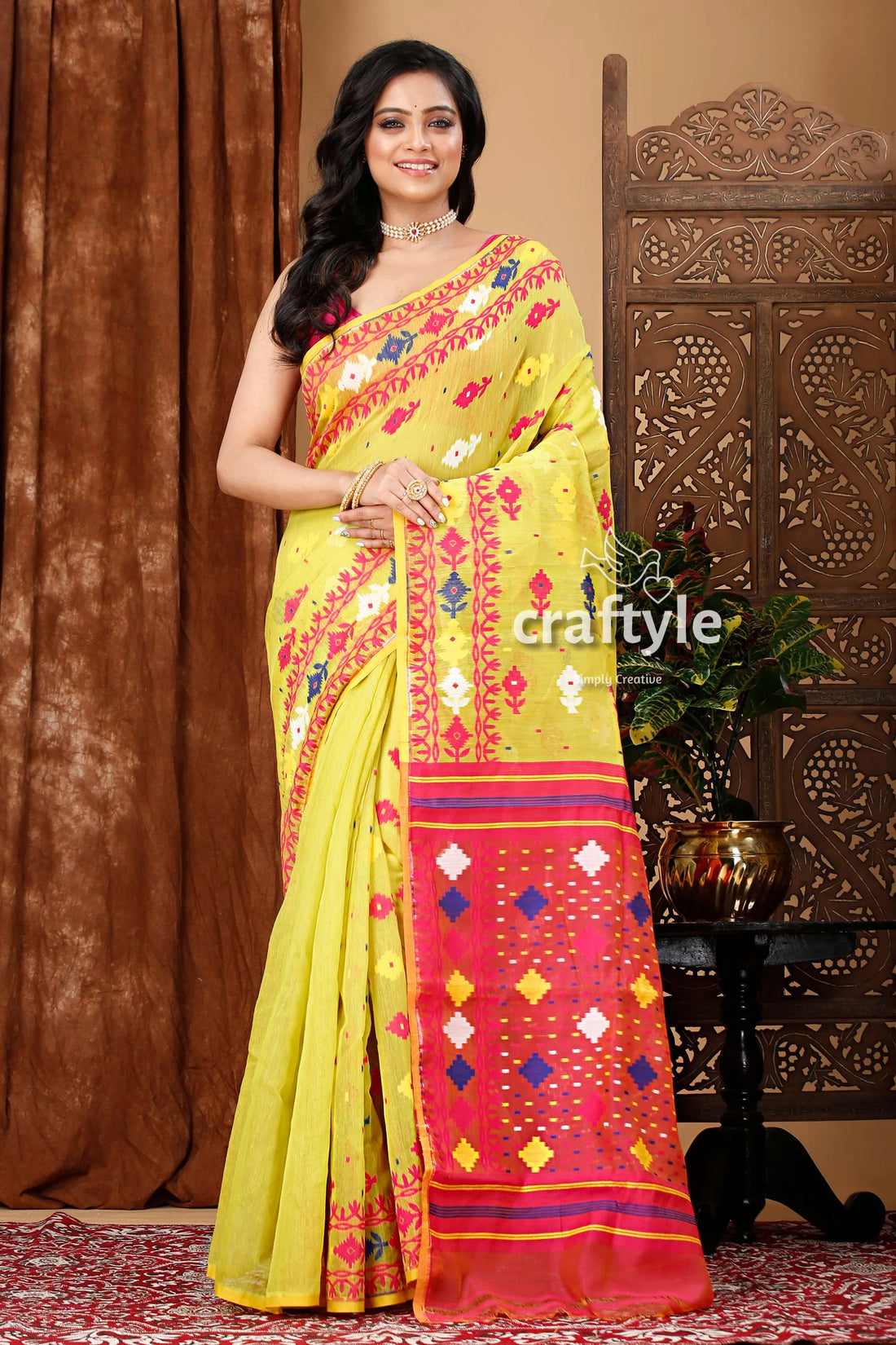 Android green and magenta elegant jamdani saree yellow colorful embroidery 1