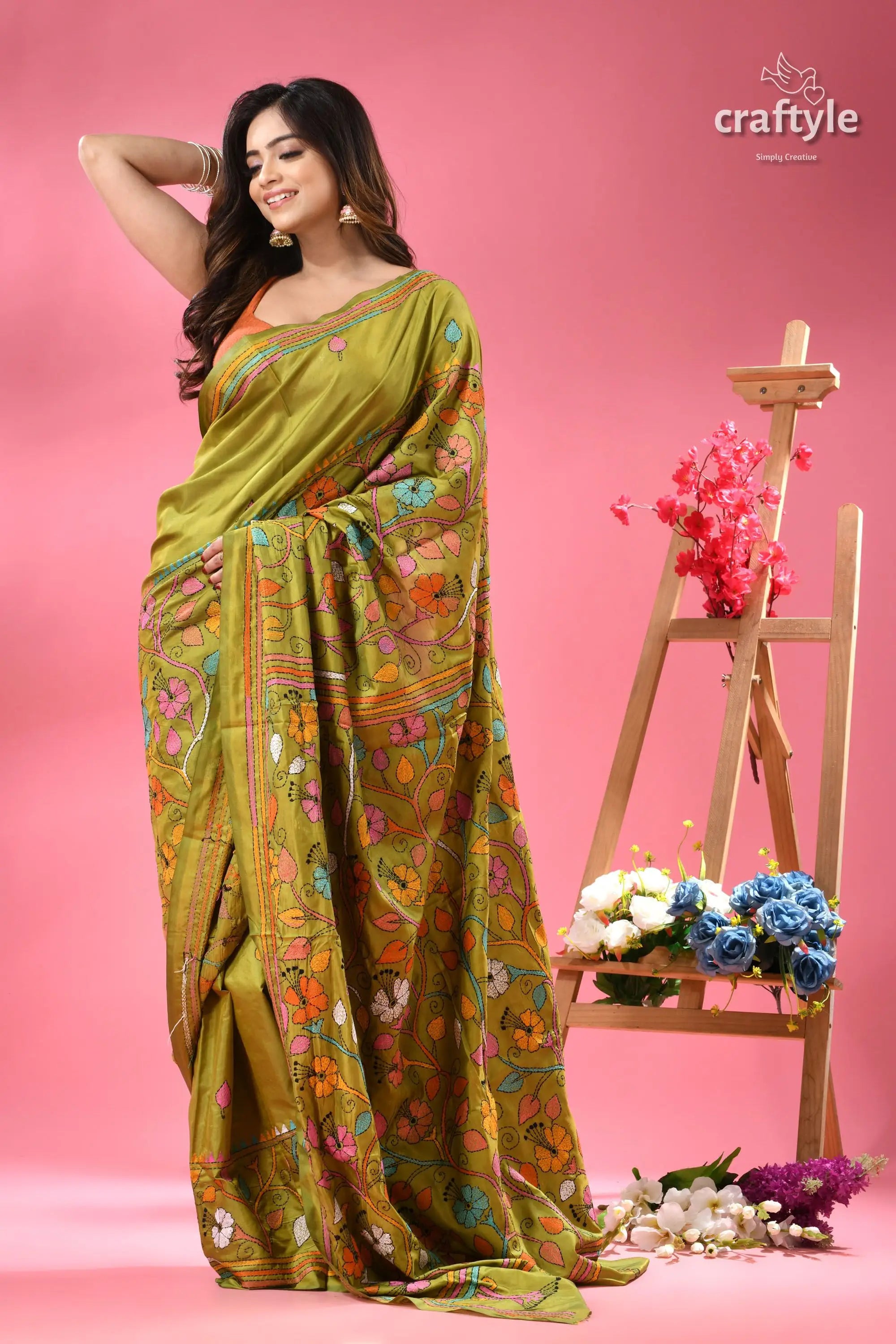 Android green multicolor shantiniketan silk kantha saree woman green saree colorful floral 5