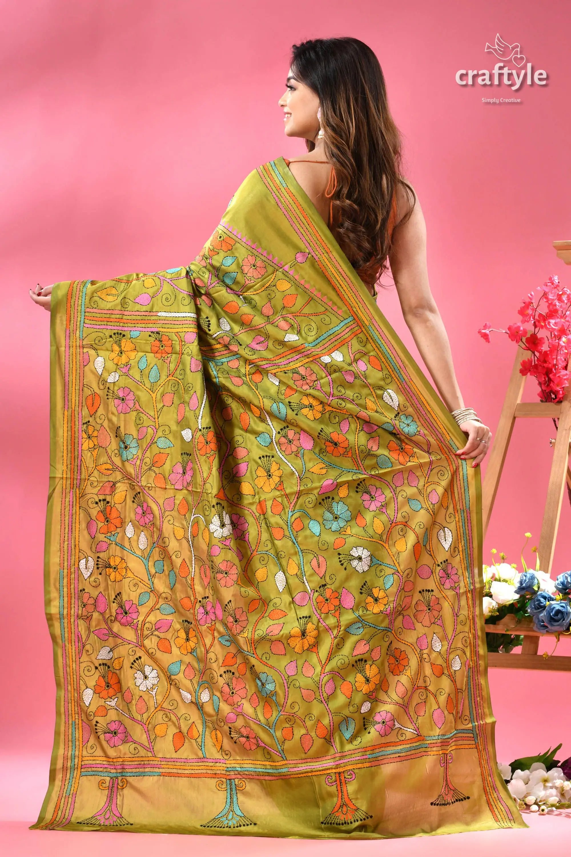 Android green multicolor shantiniketan silk kantha saree vibrant green silk saree intricate 4