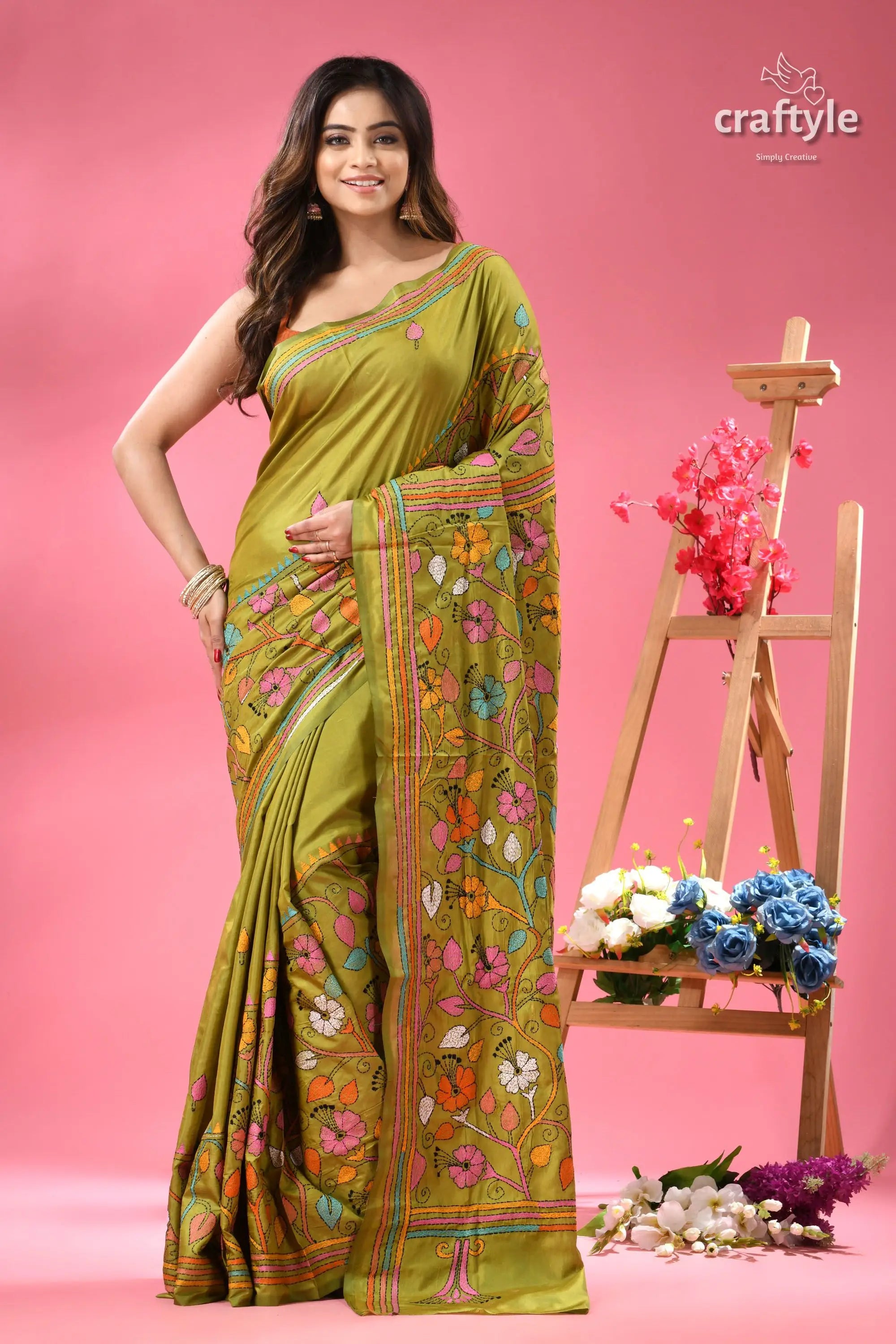 Android green multicolor shantiniketan silk kantha saree woman green silk saree colorful 6