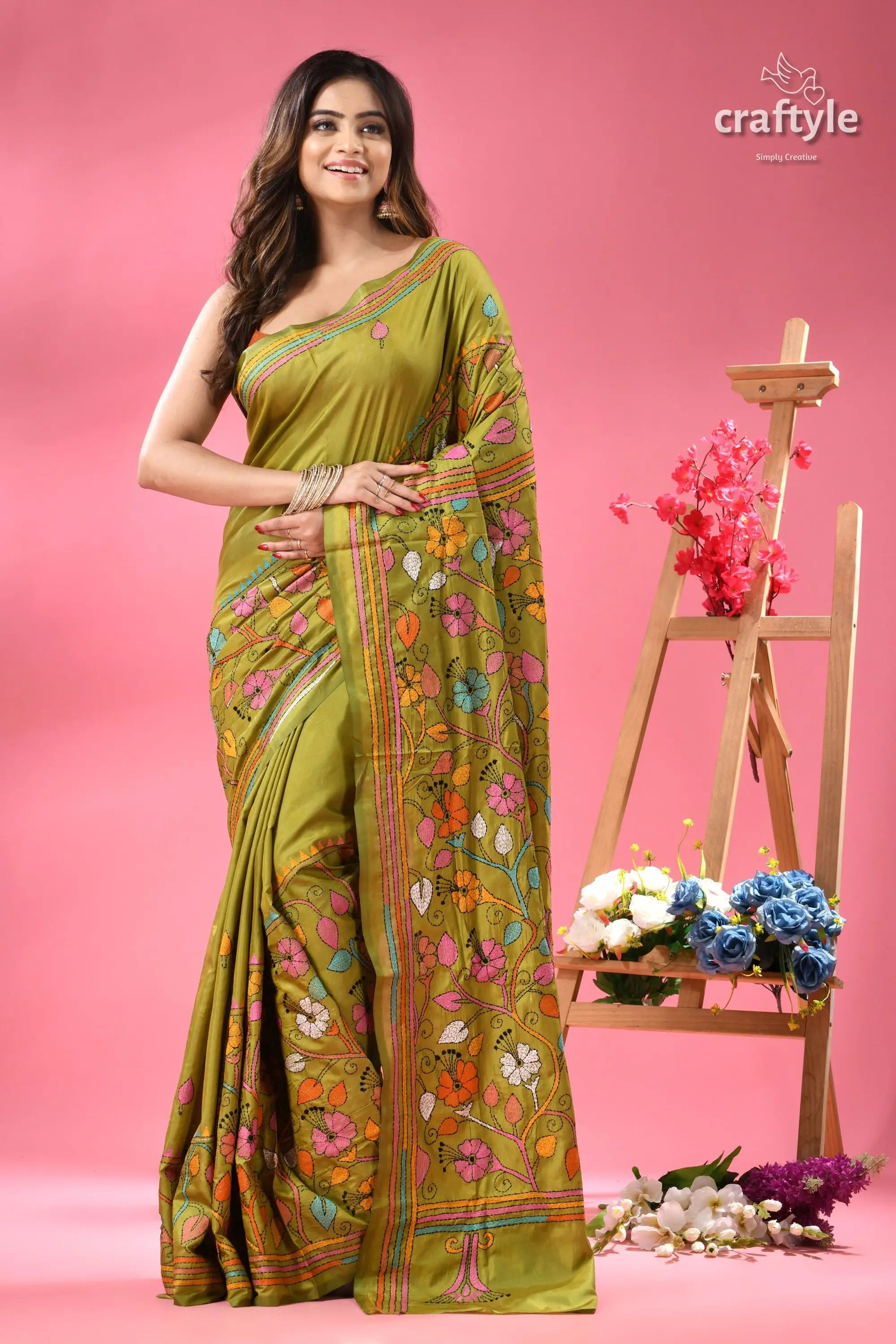 Android green multicolor shantiniketan silk kantha saree woman green silk saree colorful 1
