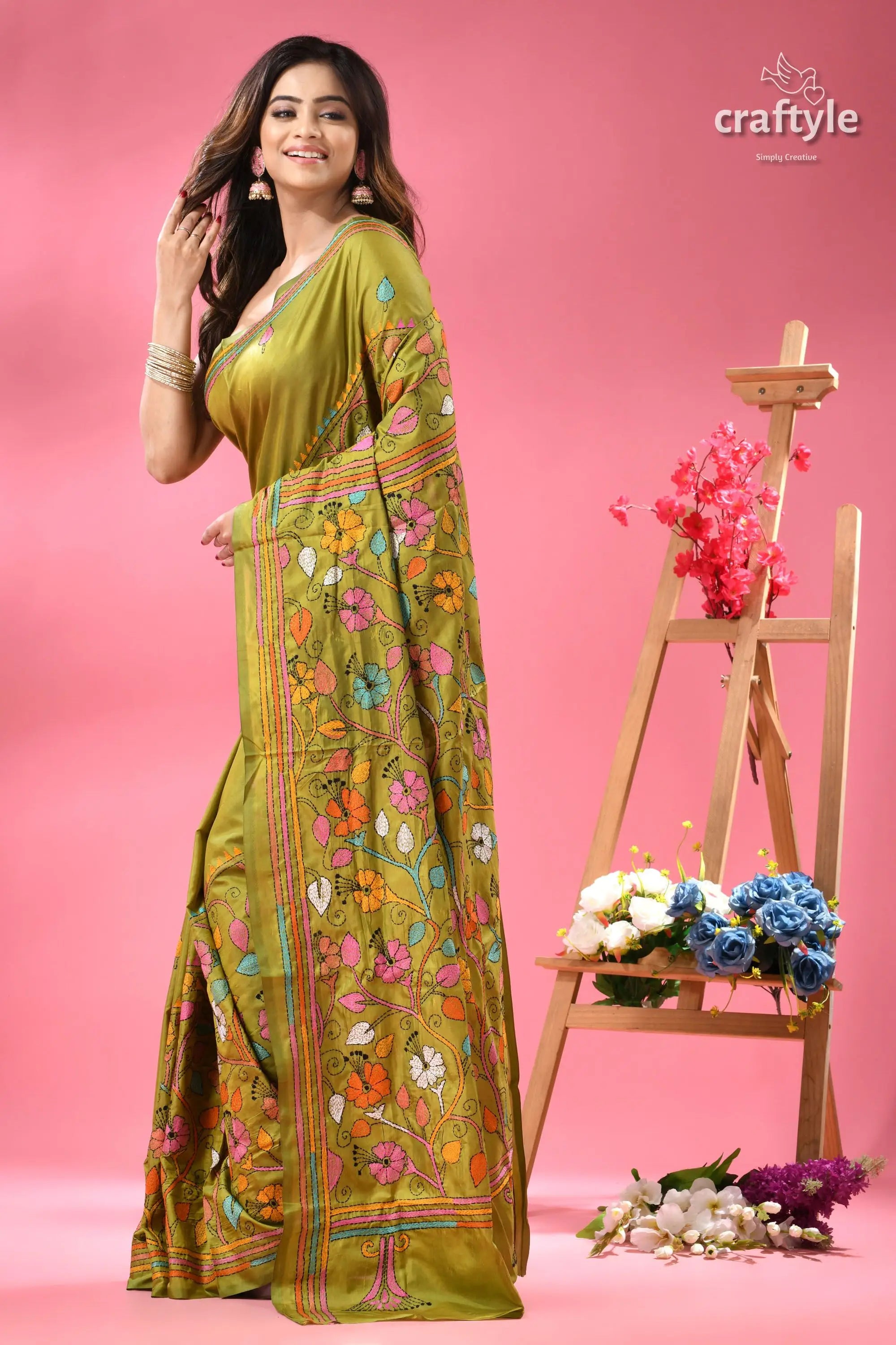 Android green multicolor shantiniketan silk kantha saree woman green saree colorful floral 3