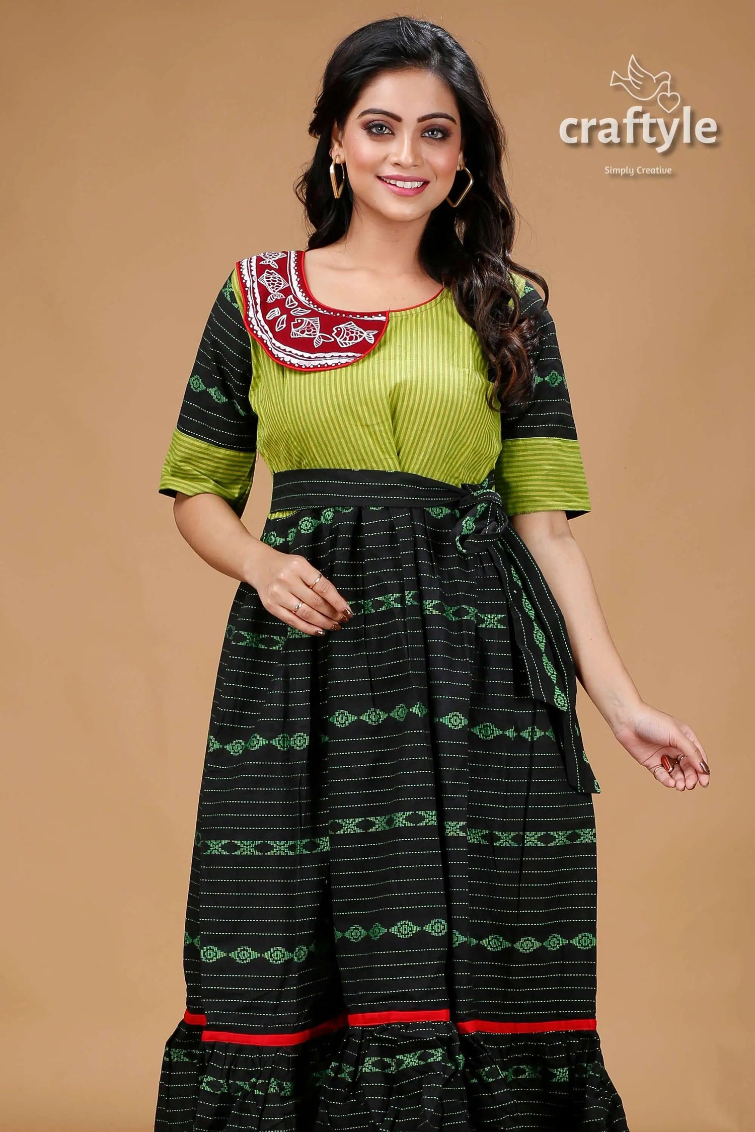 Apple green and black designer cotton gown with handpainting striped green black dress 2