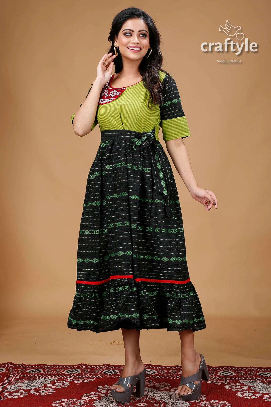 Apple green and black designer cotton gown with handpainting woman’s patterned dress 1