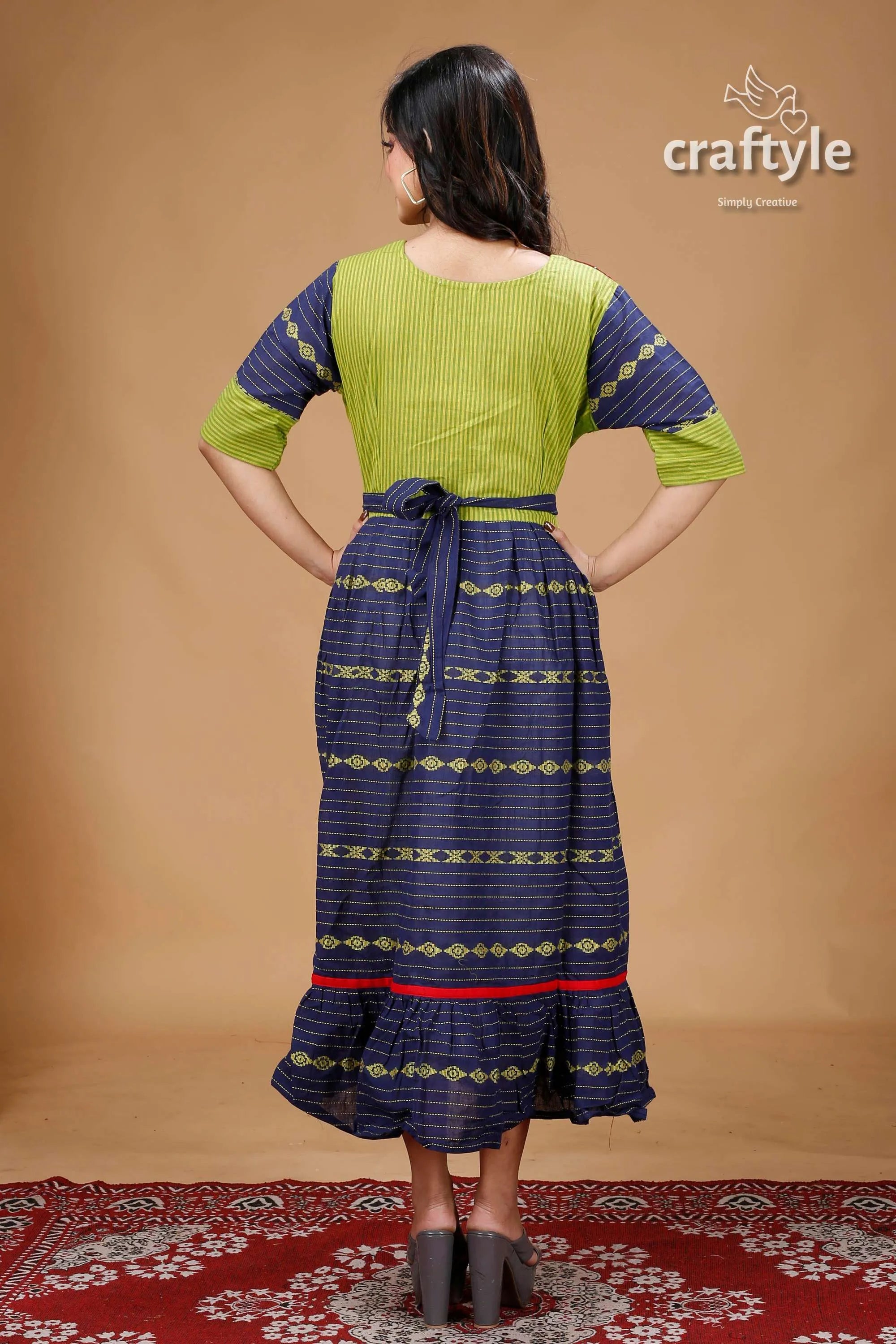Apple green and blue hand painted designer cotton gown patterned dress 5