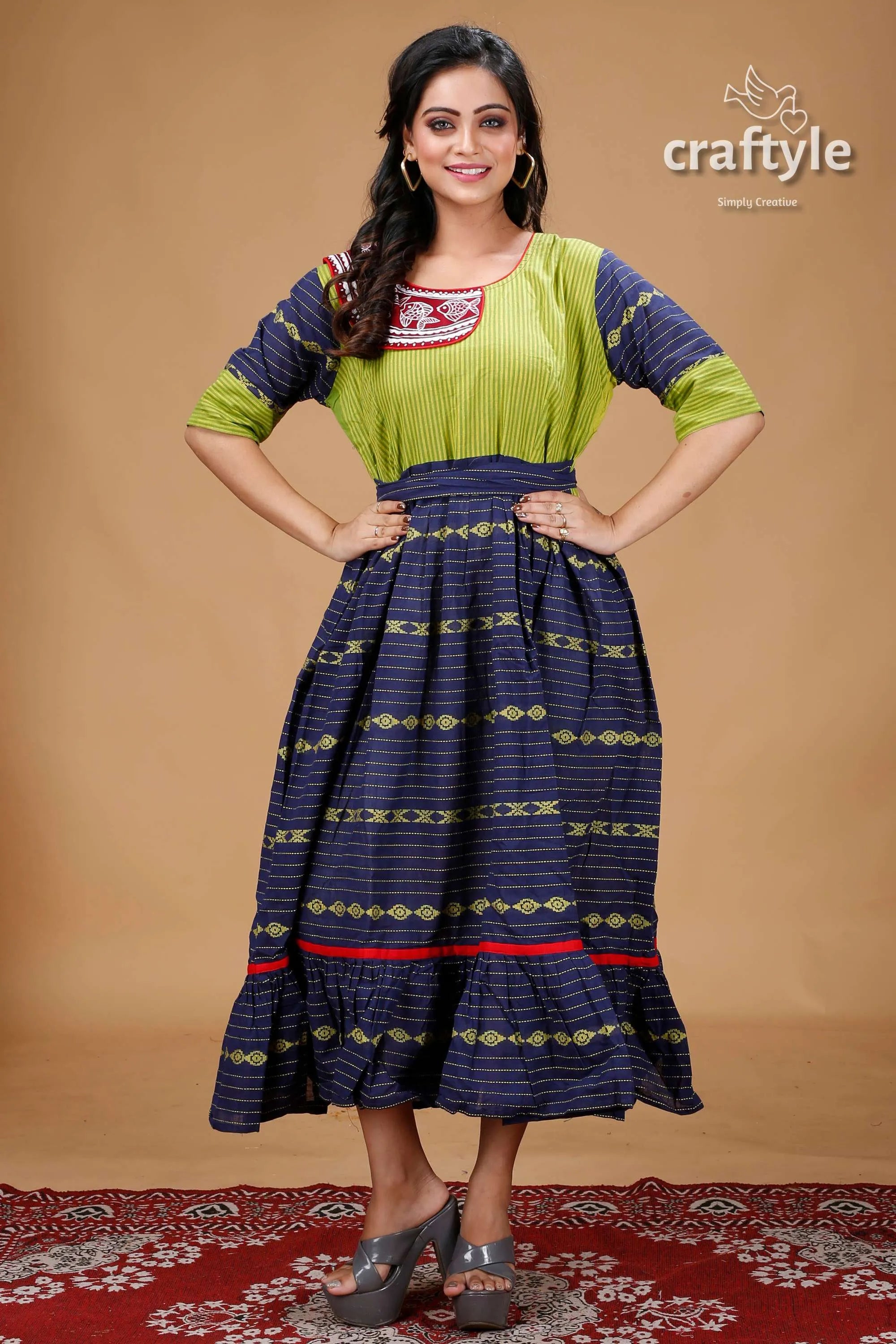 Apple green and blue hand painted designer cotton gown woman’s patterned dress 3