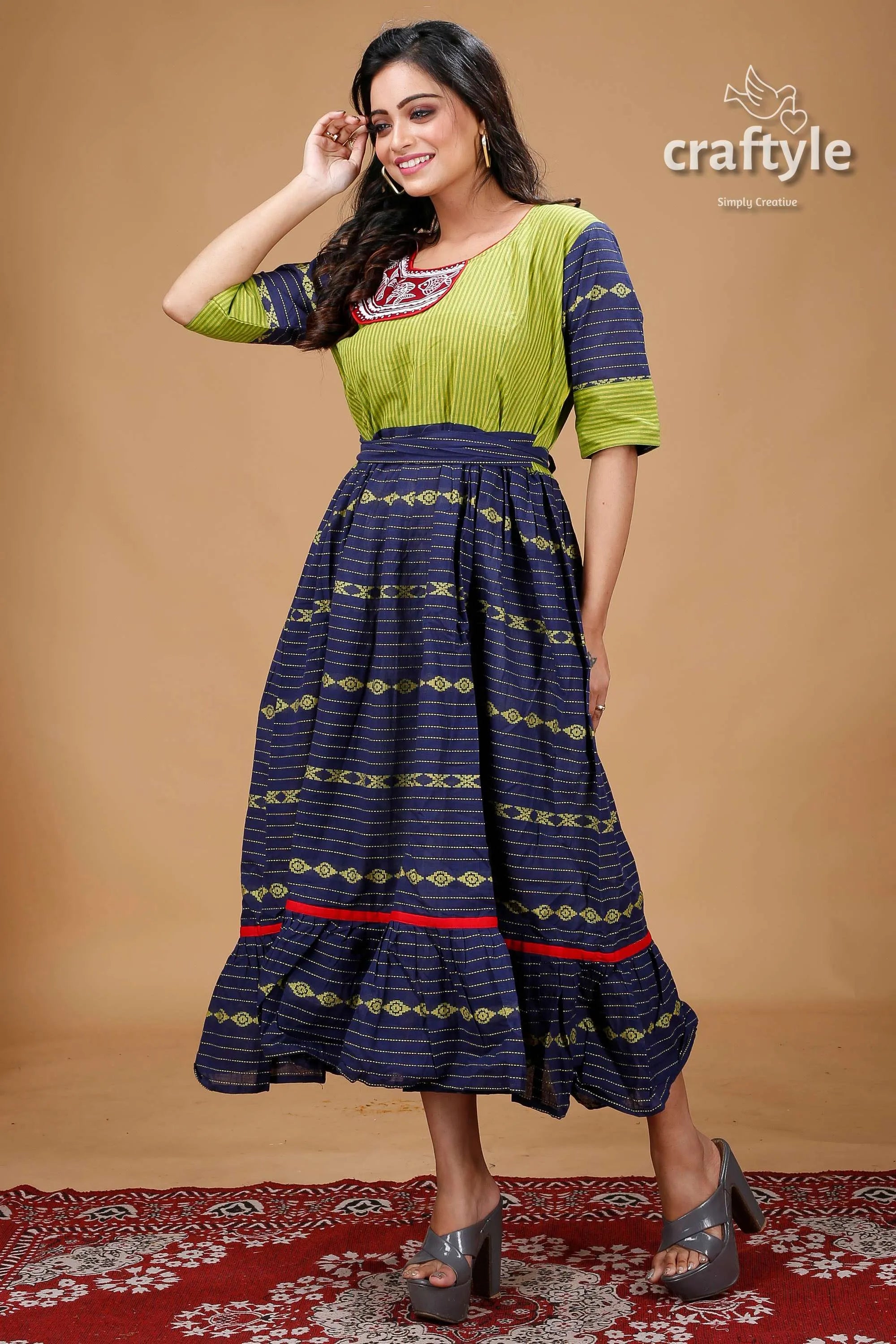 Apple green and blue hand painted designer cotton gown patterned dress 4