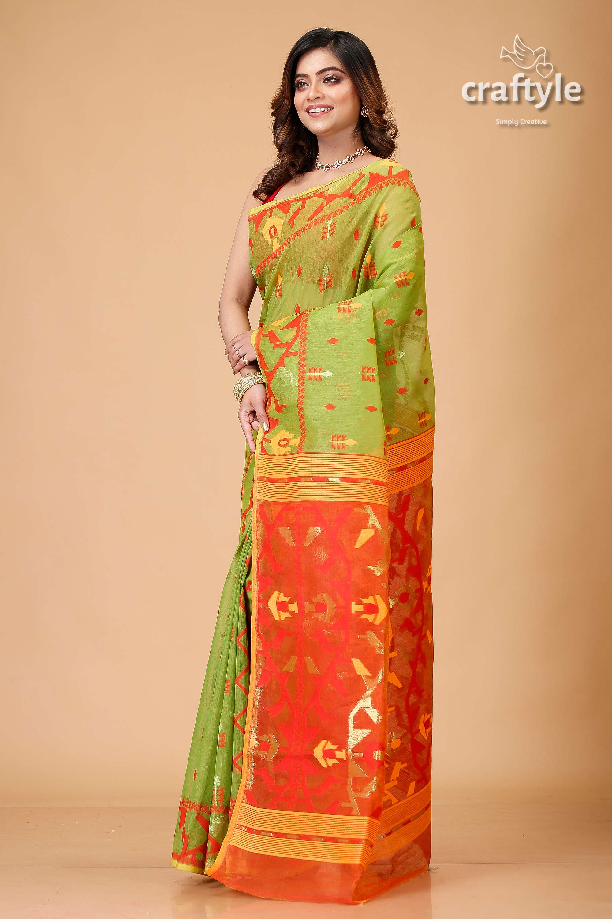 Apple Green Dhakai Jamdani Saree-Craftyle