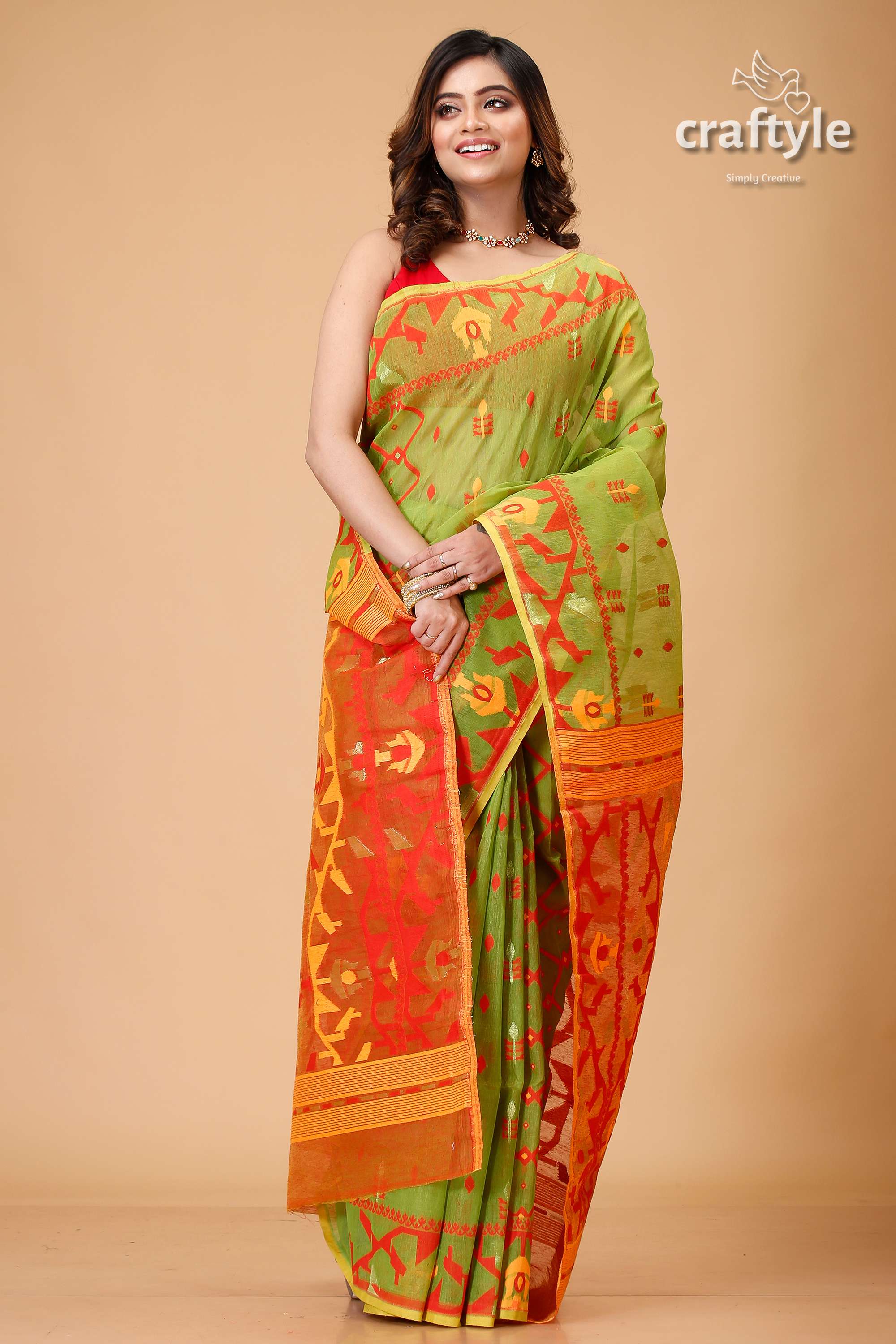 Apple Green Dhakai Jamdani Saree-Craftyle