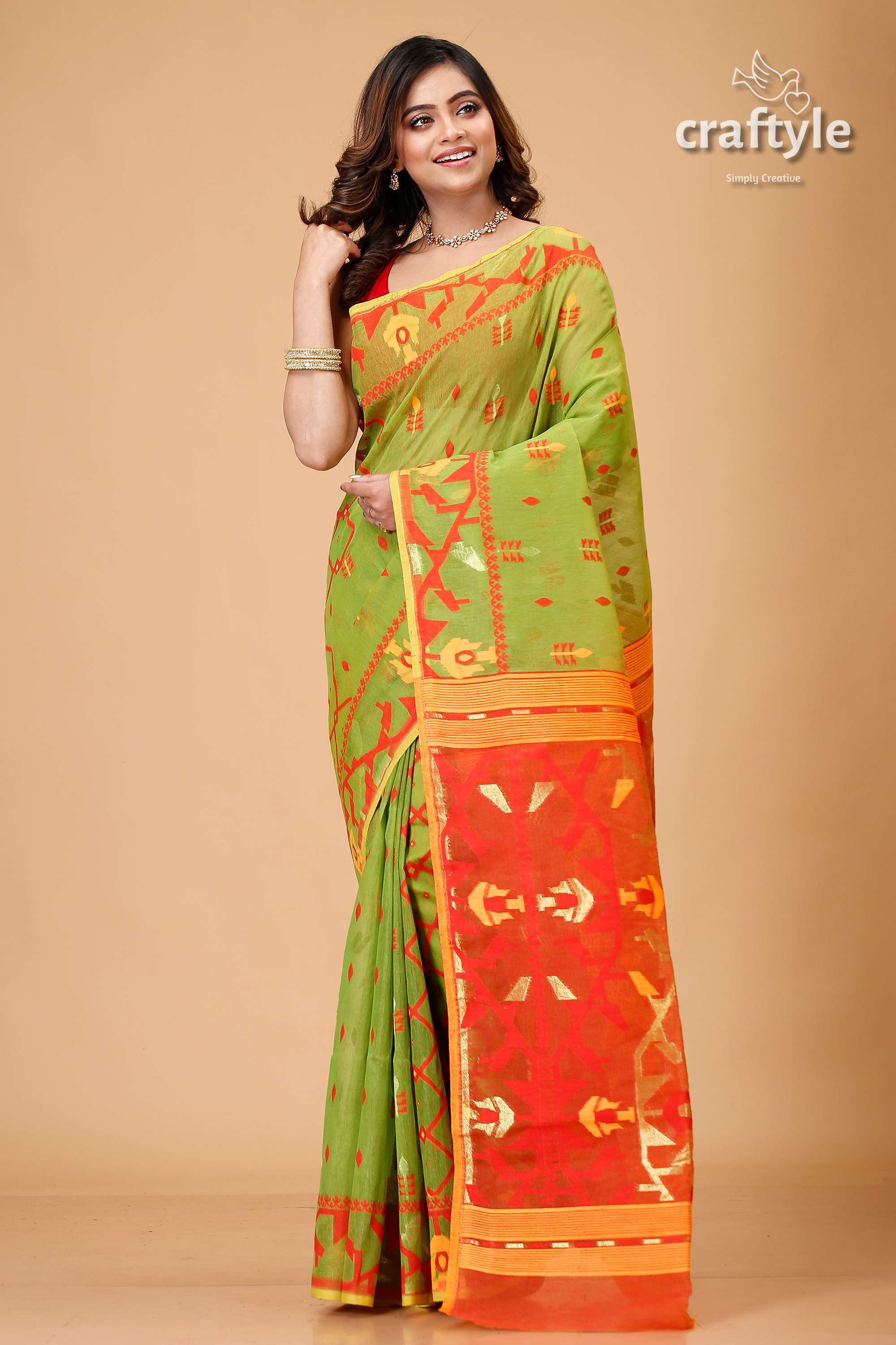 Apple Green Dhakai Jamdani Saree-Craftyle