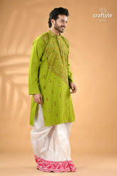 Apple green kantha cotton panjabi for men reverse stitch men’s lime green kurta intricate 3