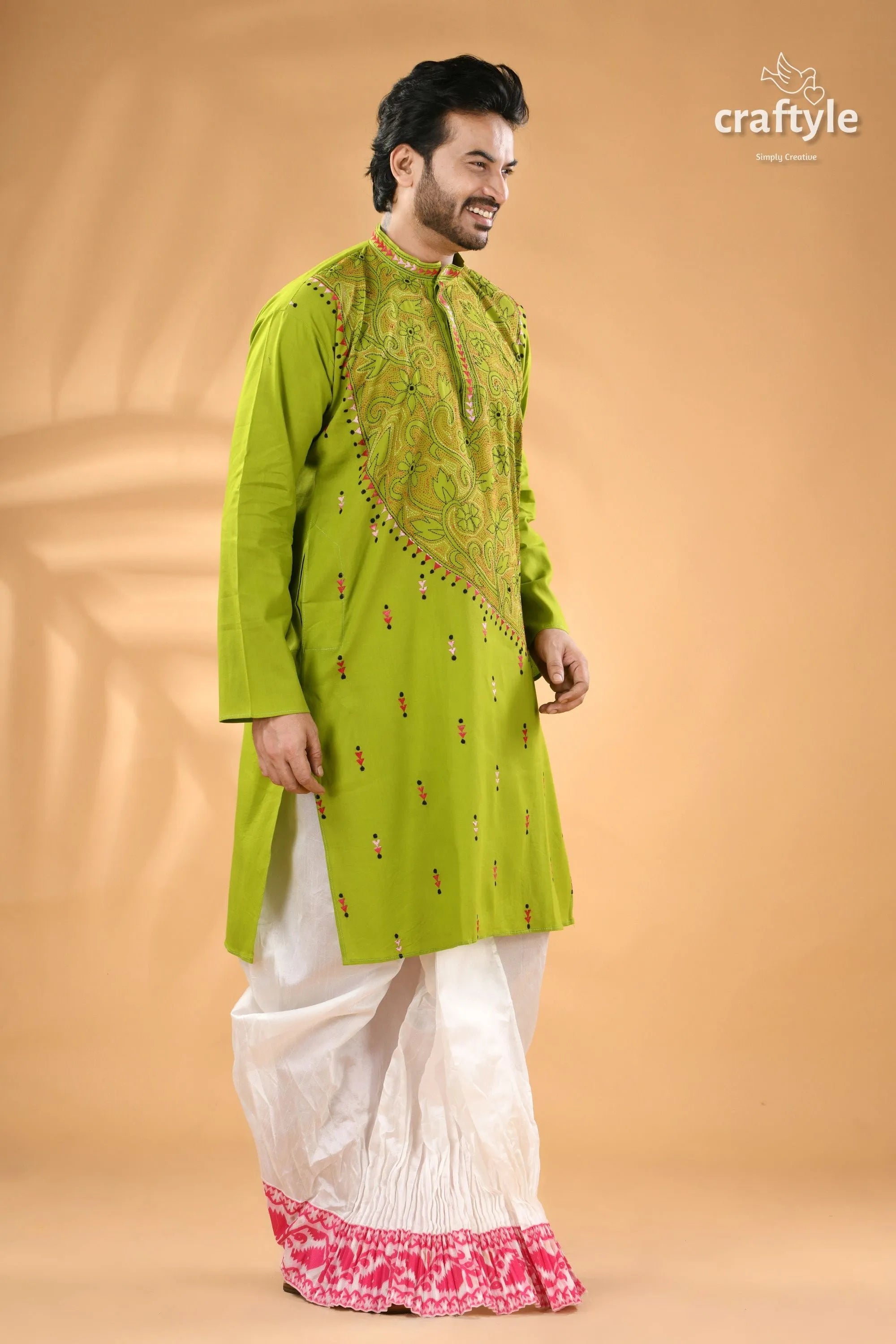 Apple green kantha cotton panjabi for men - reverse stitch men’s lime green kurta intricate 3