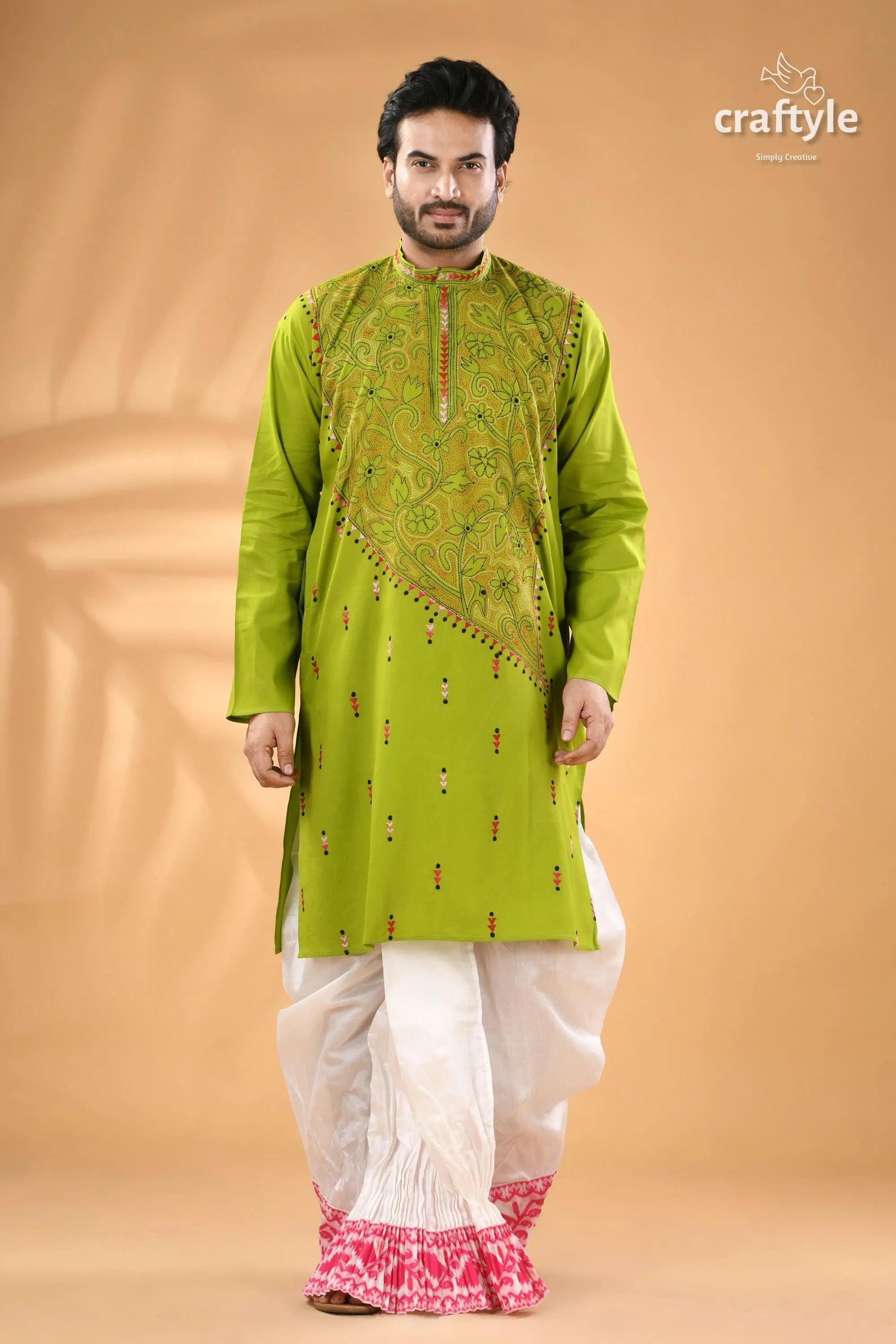 Apple green kantha cotton panjabi for men - reverse stitch men’s lime green kurta intricate 1