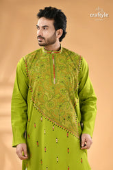 Apple green kantha cotton panjabi for men reverse stitch men’s lime green embroidered silk 2