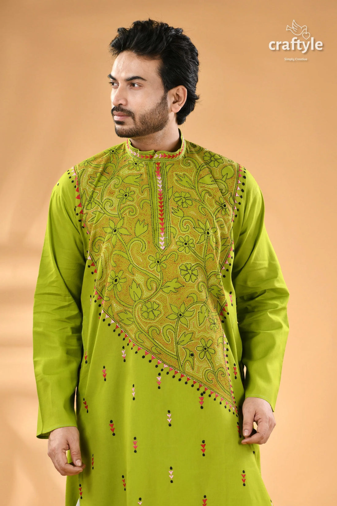 Apple green kantha cotton panjabi for men - reverse stitch men’s lime green embroidered silk 2