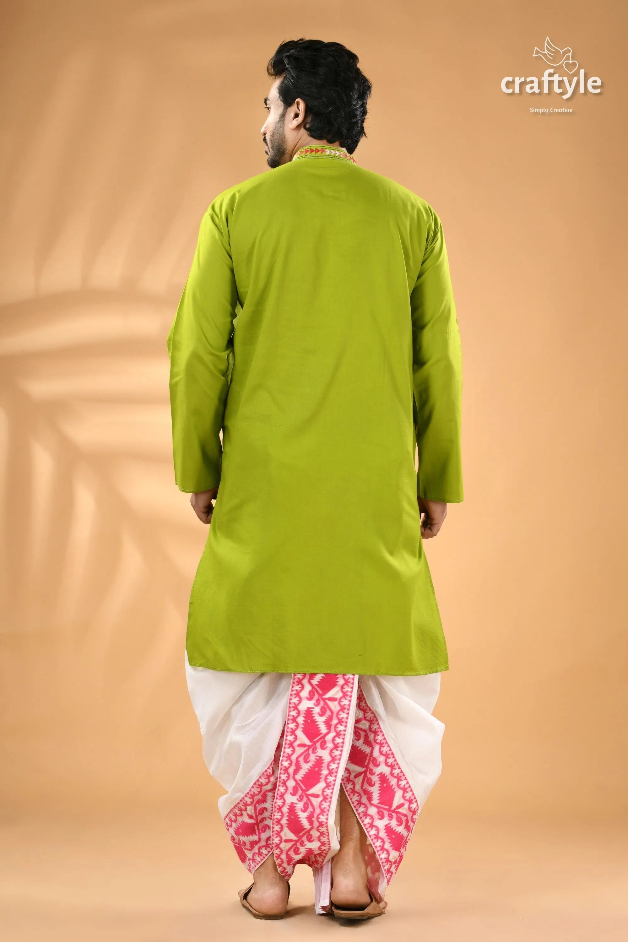 Apple green kantha cotton panjabi for men - reverse stitch men’s green kurta white pink 6