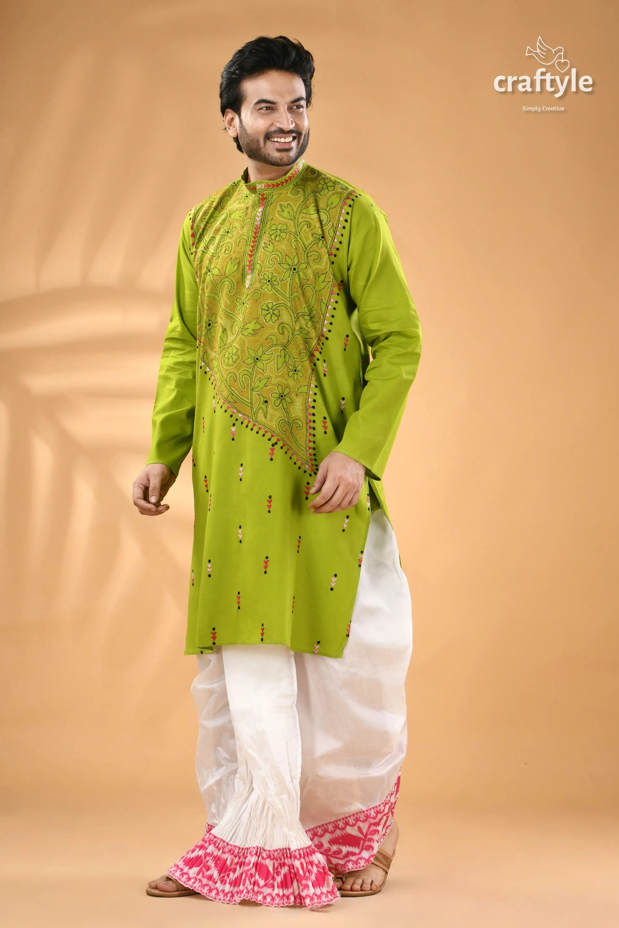 Apple green kantha cotton panjabi for men - reverse stitch men’s lime green embroidered kurta 4