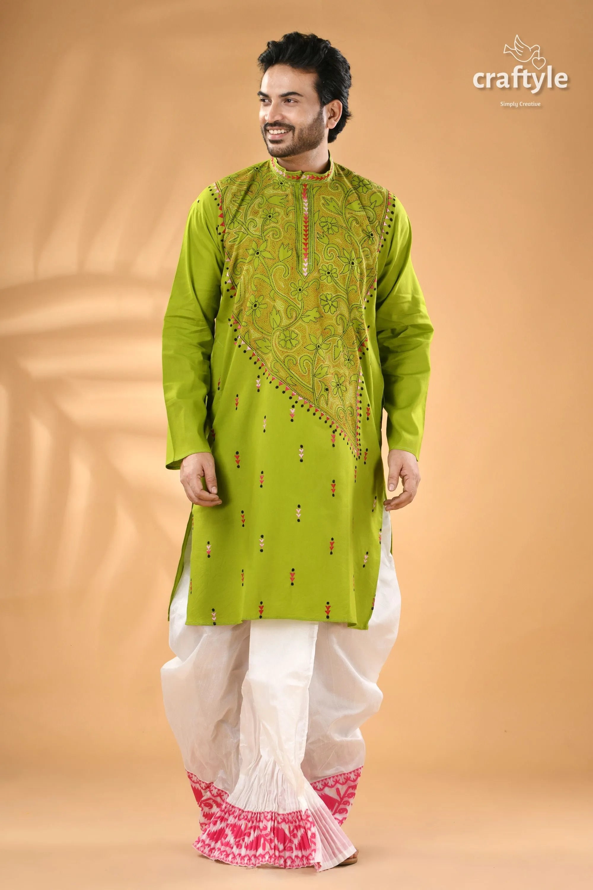 Apple green kantha cotton panjabi for men - reverse stitch men’s green kurta embroidered white 5