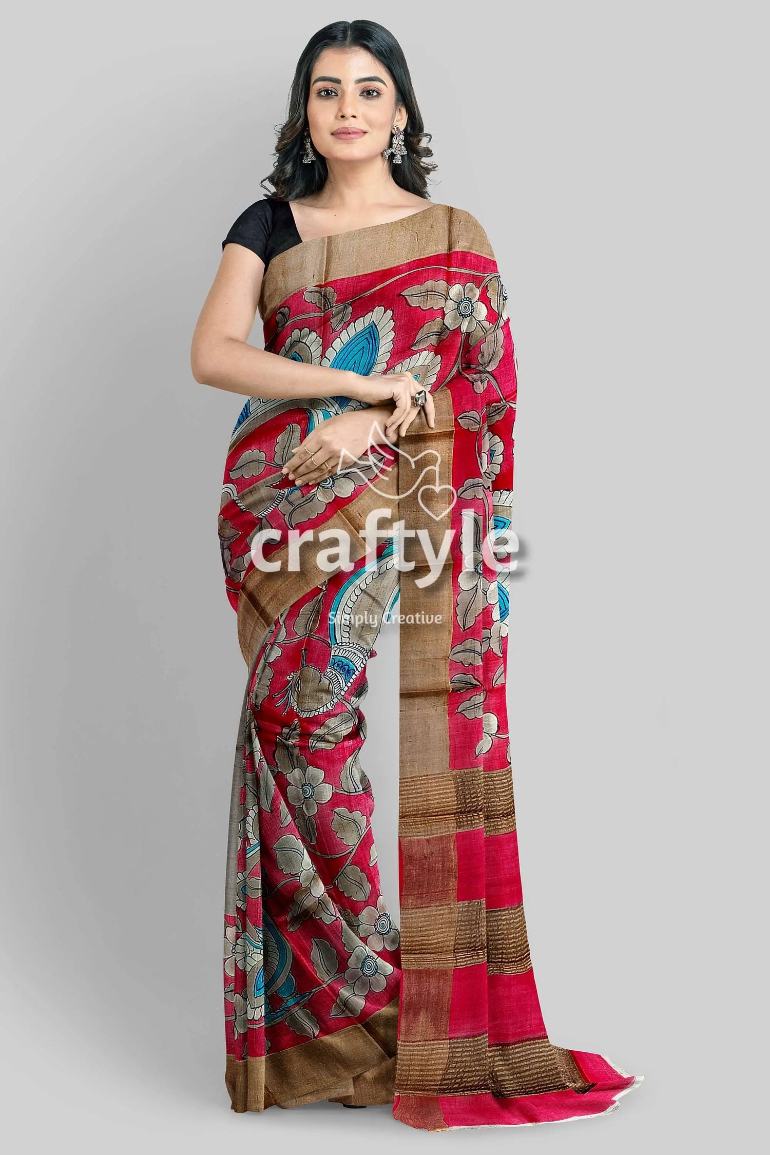 Apple red hand painted kalamkari work pure tussar silk saree with zari border red brown floral saree 1