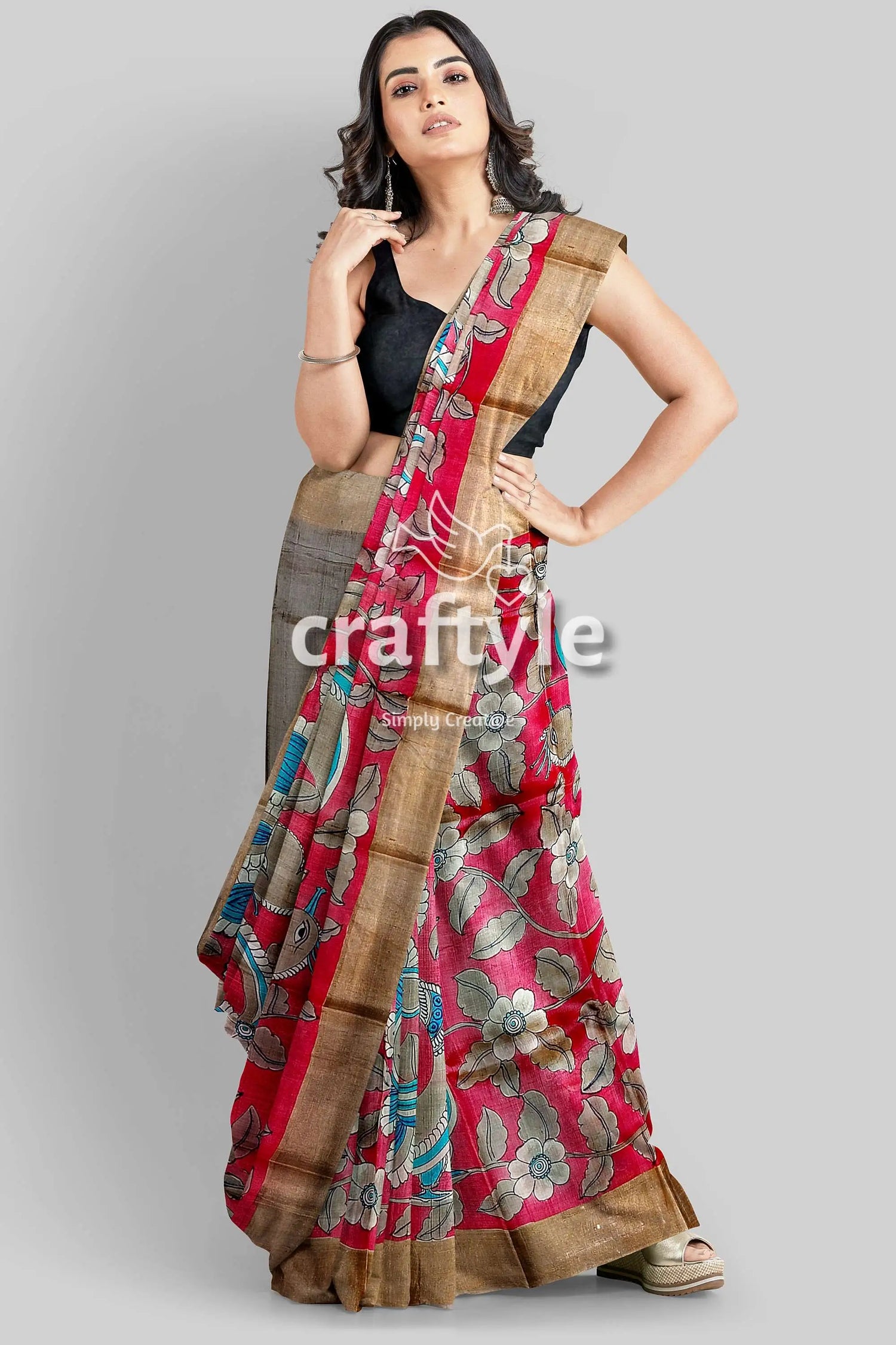 Apple red hand painted kalamkari work pure tussar silk saree with zari border woman red floral saree 4