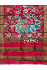 Apple red hand painted kalamkari work pure tussar silk saree with zari border red gold patterned saree bird 6