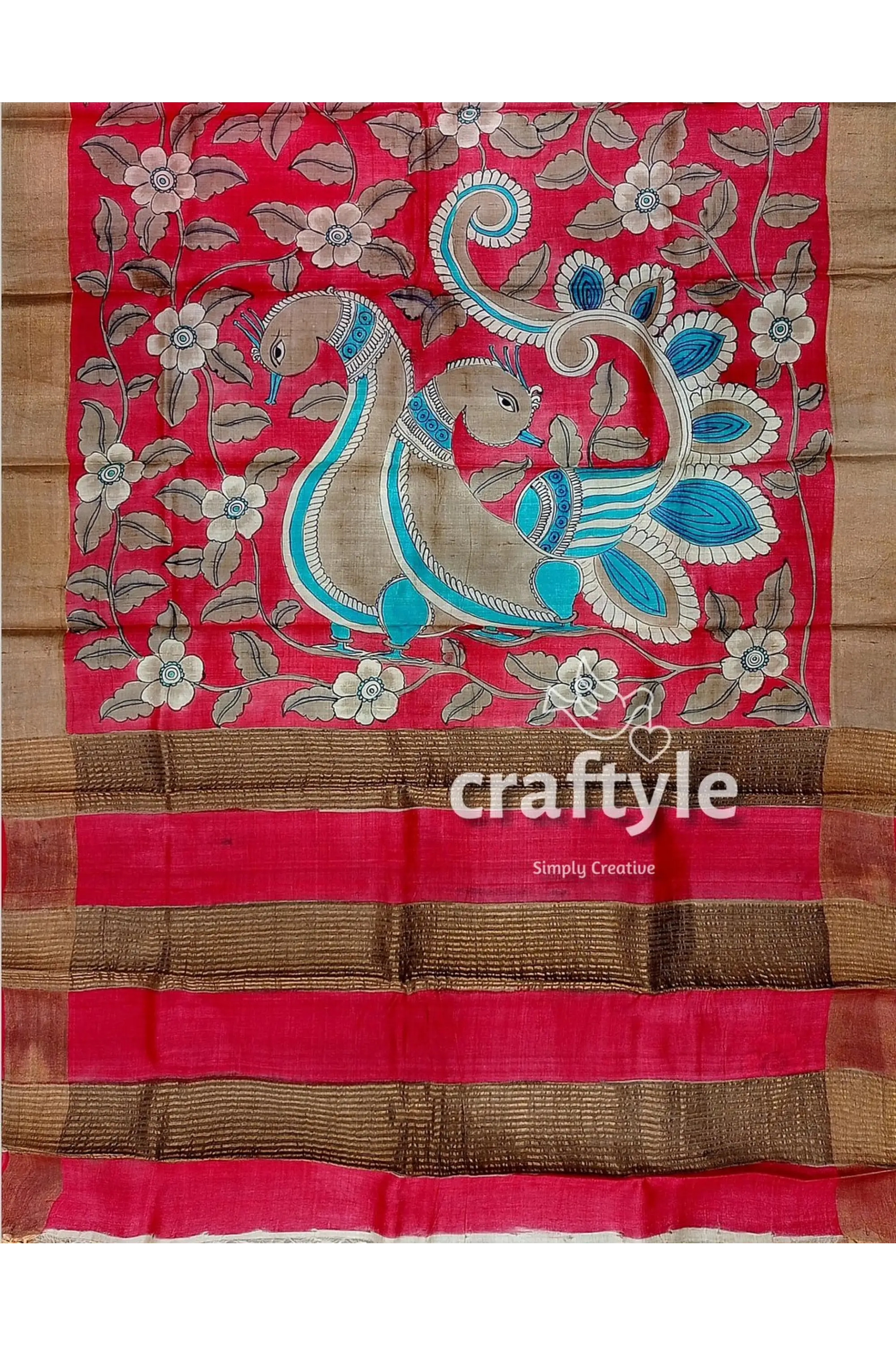 Apple red hand painted kalamkari work pure tussar silk saree with zari border red gold patterned saree bird 7