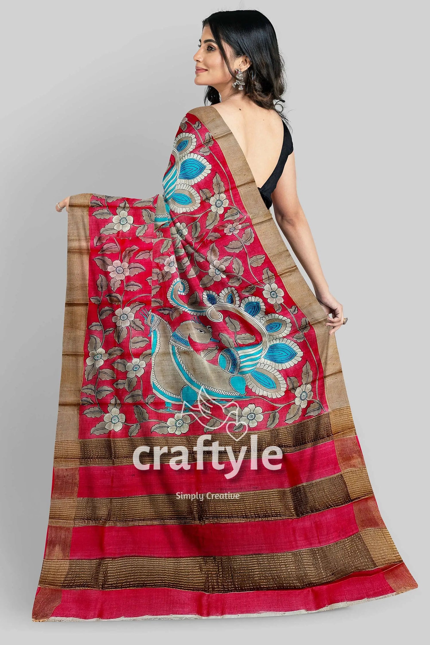 Apple red hand painted kalamkari work pure tussar silk saree with zari border red beige saree floral peacock 5